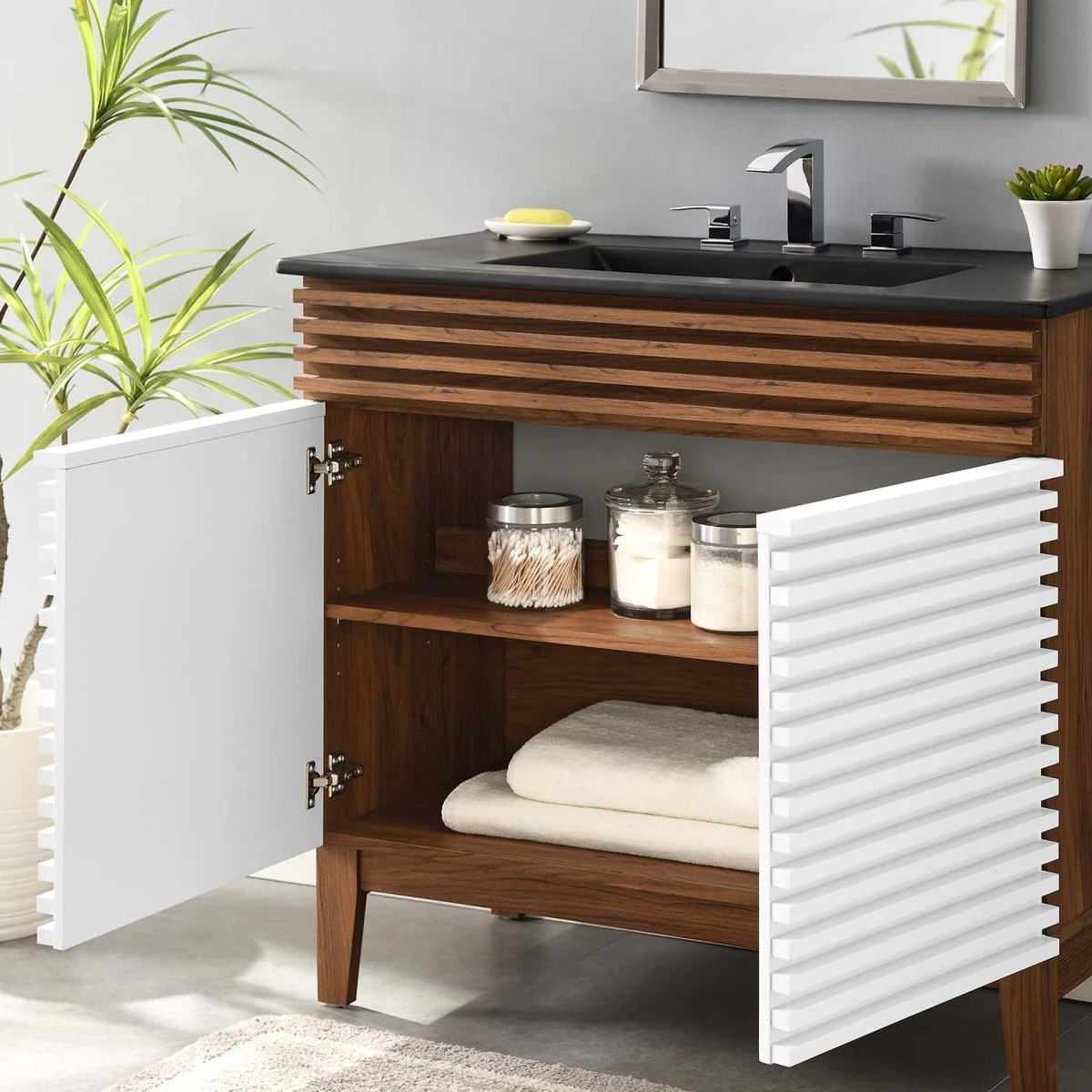 Bathroom Vanity with Ceramic Sink and Storage Shelf, Modern Wood and Black Design - Image 179