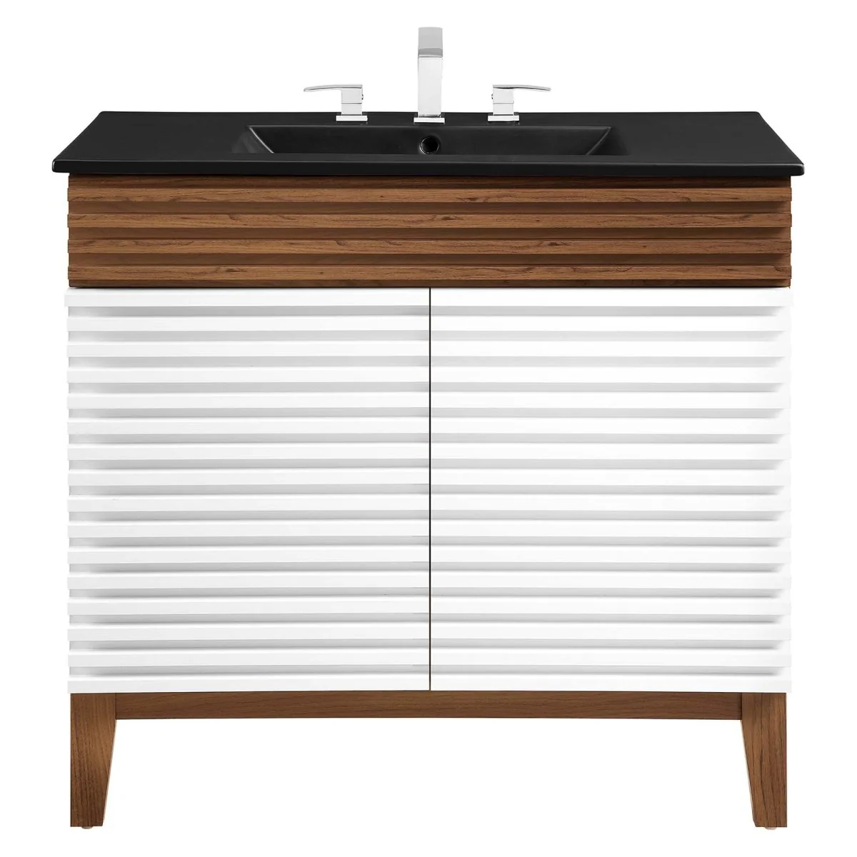 Bathroom Vanity with Ceramic Sink and Storage Shelf, Modern Wood and Black Design - Image 181