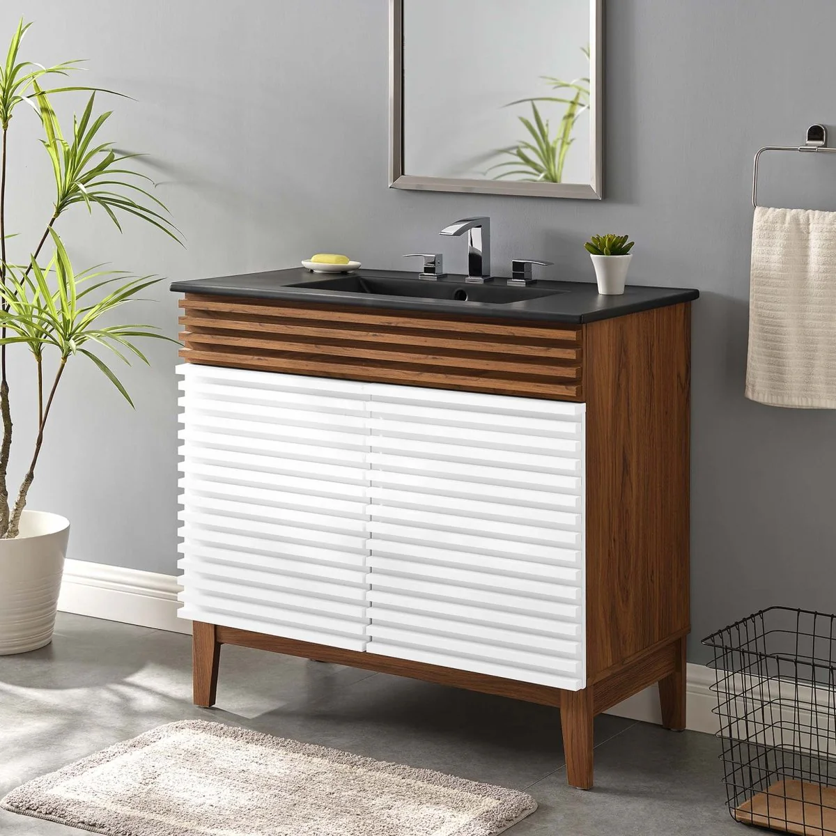 Bathroom Vanity with Ceramic Sink and Storage Shelf, Modern Wood and Black Design - Image 185