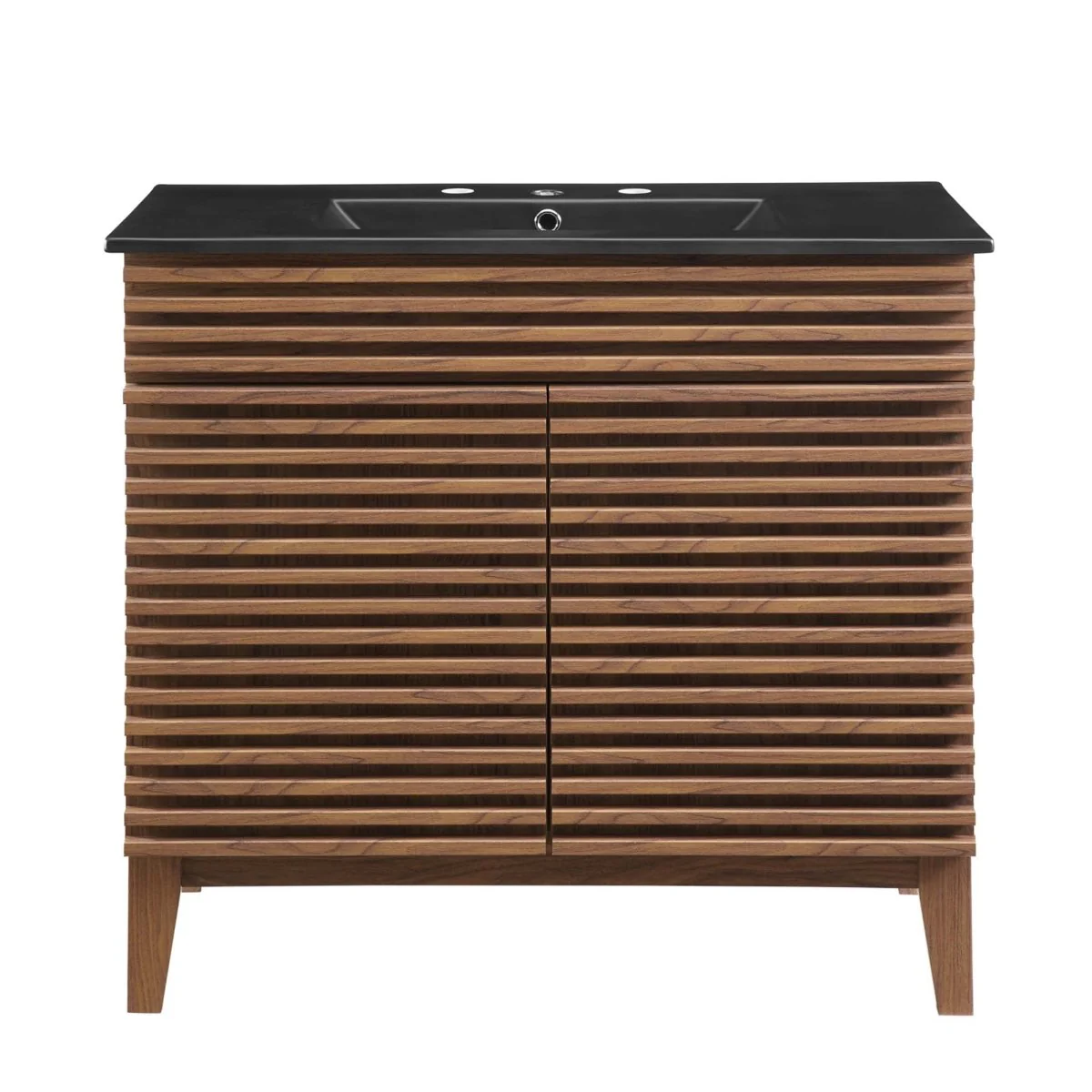 Bathroom Vanity with Ceramic Sink and Storage Shelf, Modern Wood and Black Design - Image 189