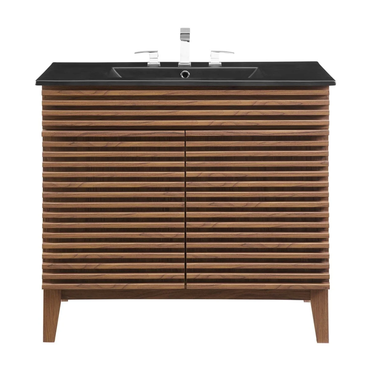 Bathroom Vanity with Ceramic Sink and Storage Shelf, Modern Wood and Black Design - Image 190