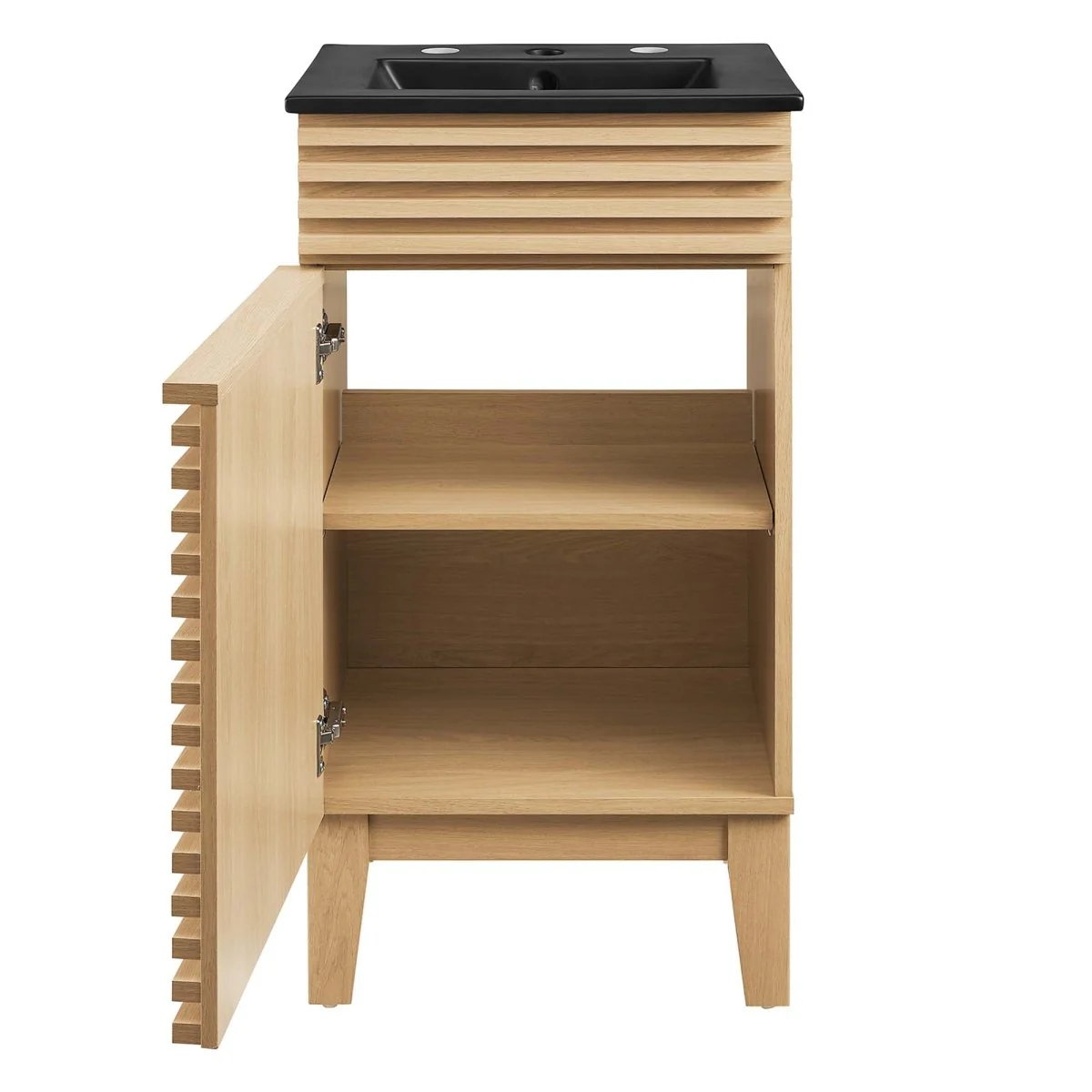 Bathroom Vanity with Ceramic Sink and Storage Shelf, Modern Wood and Black Design - Image 25