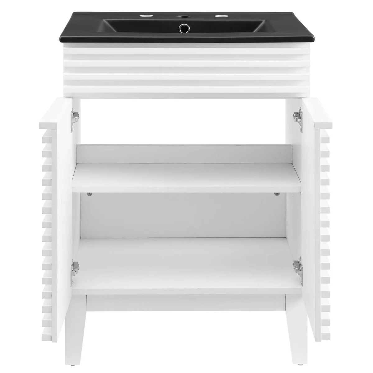 Bathroom Vanity with Ceramic Sink and Storage Shelf, Modern Wood and Black Design - Image 63