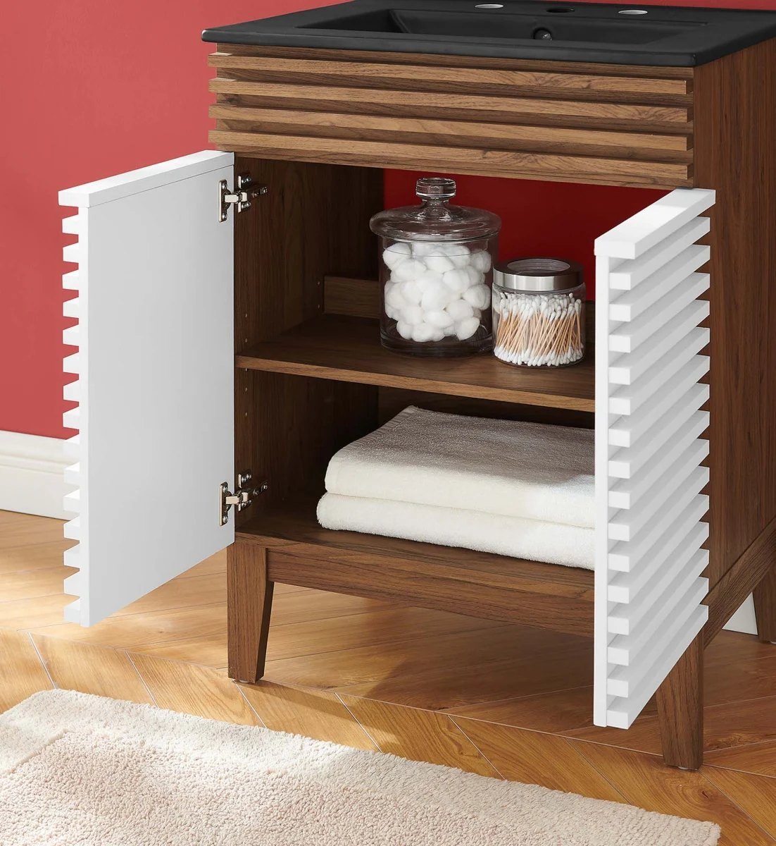 Bathroom Vanity with Ceramic Sink and Storage Shelf, Modern Wood and Black Design - Image 74
