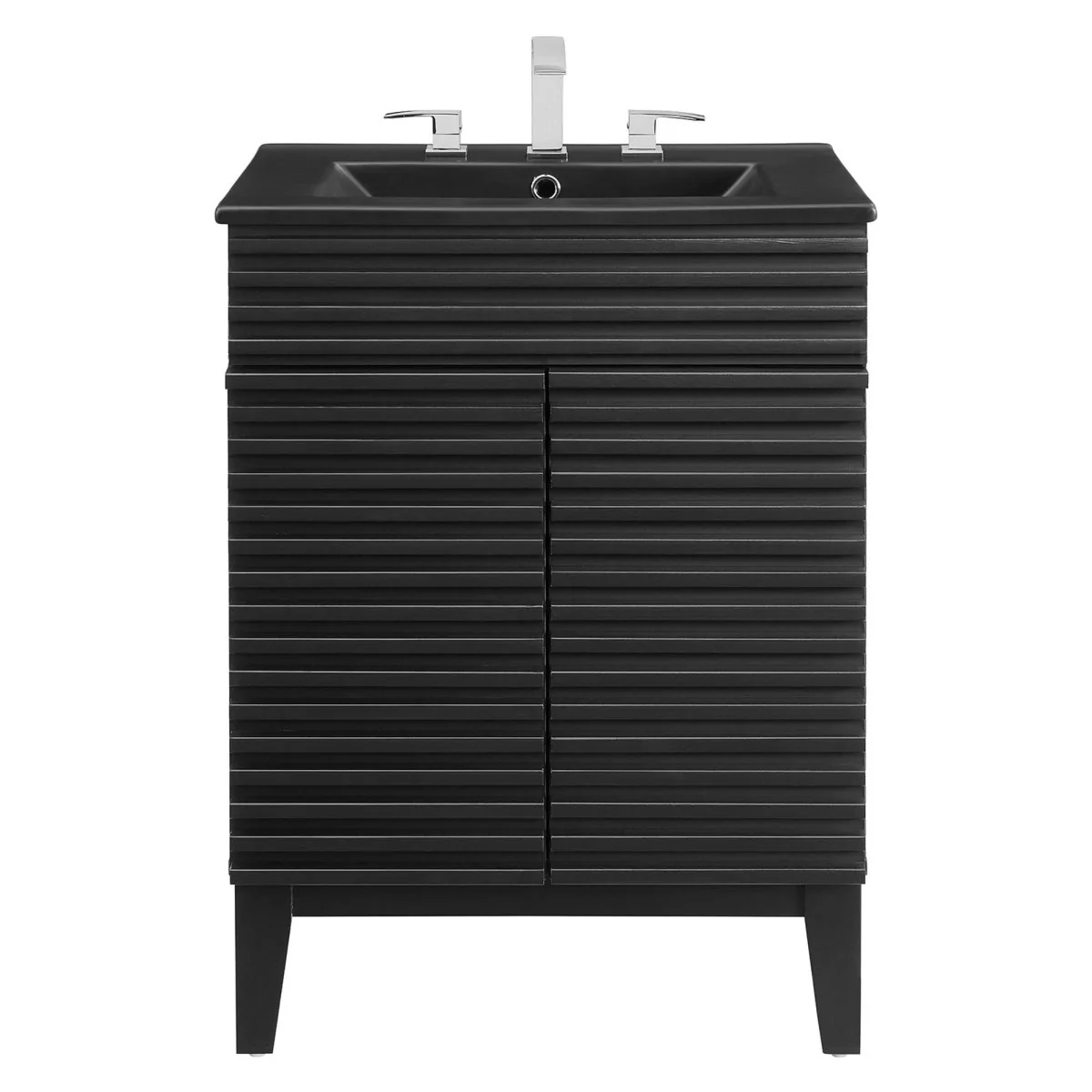 Bathroom Vanity with Ceramic Sink and Storage Shelf, Modern Wood and Black Design - Image 99