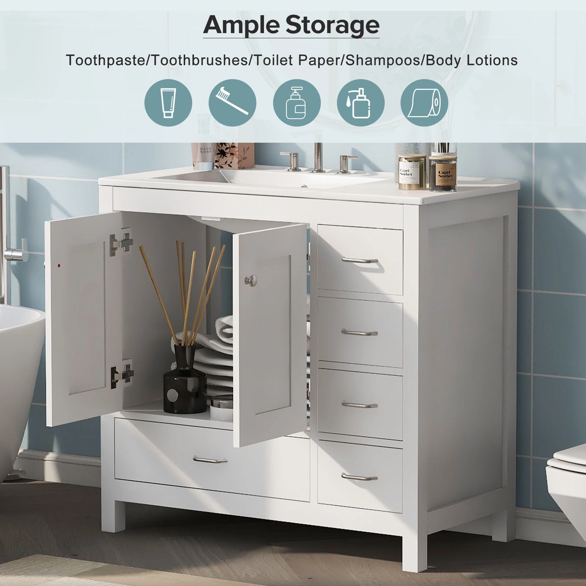 Bathroom Vanity With Ceramic Sink Combo, Abundant Storage Cabinet 2 Soft Close Doors And 5 Drawers - Image 18