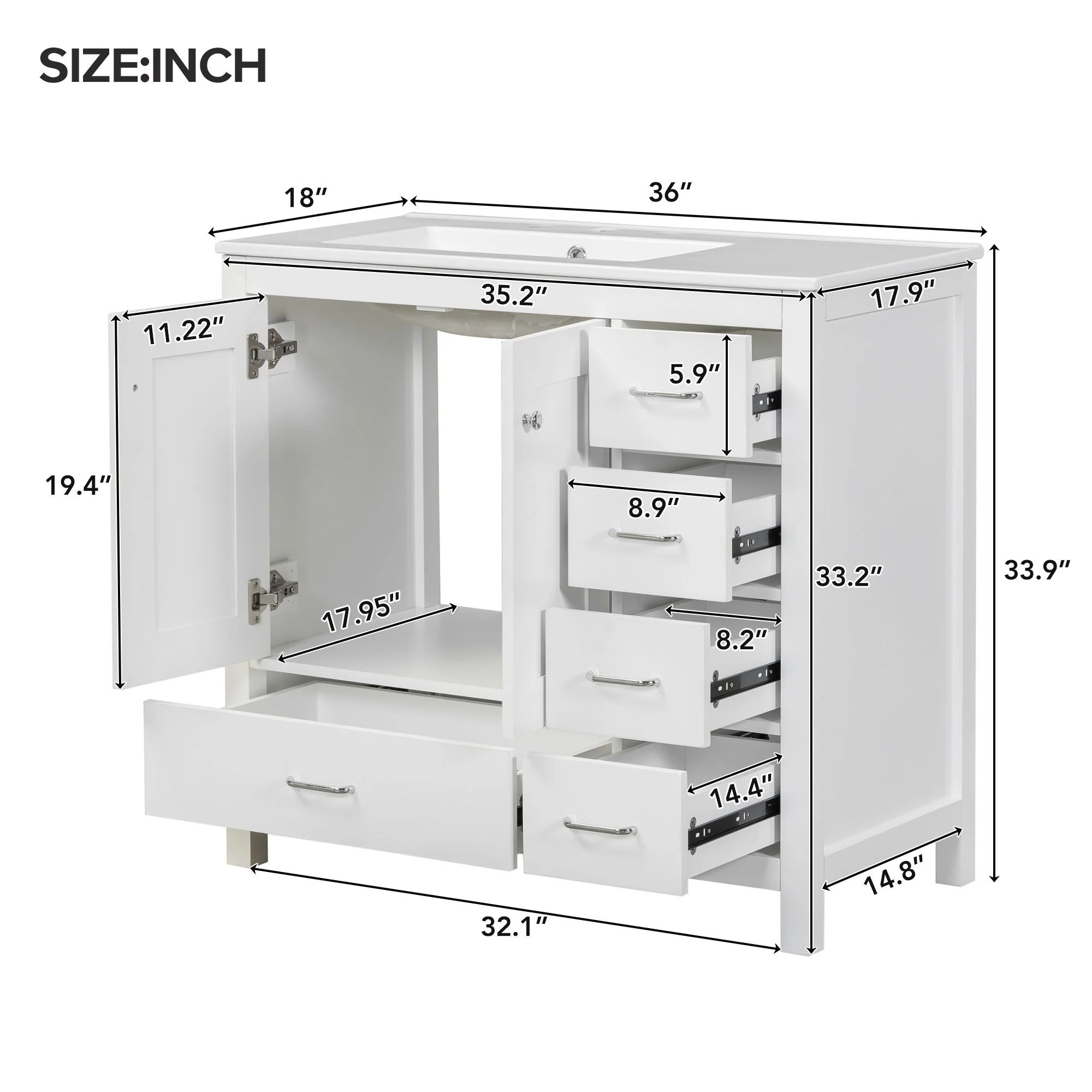 Bathroom Vanity With Ceramic Sink Combo, Abundant Storage Cabinet 2 Soft Close Doors And 5 Drawers - Image 26