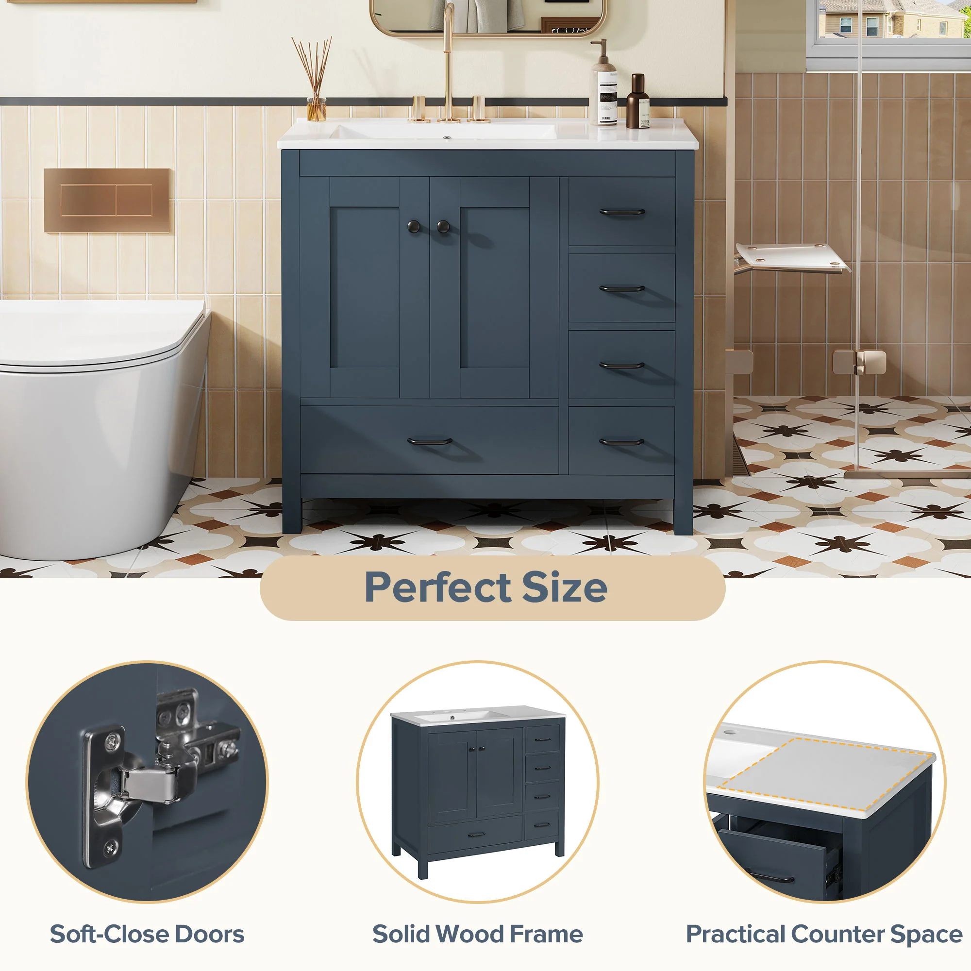 Bathroom Vanity With Ceramic Sink Combo, Abundant Storage Cabinet 2 Soft Close Doors And 5 Drawers - Image 32