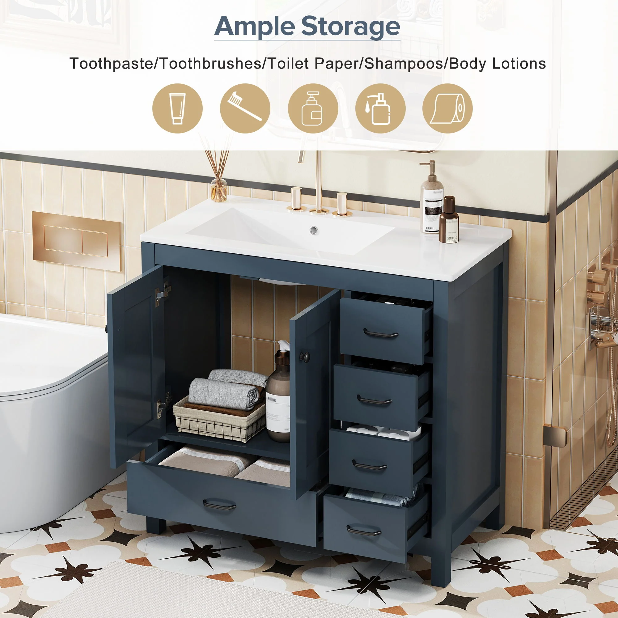 Bathroom Vanity With Ceramic Sink Combo, Abundant Storage Cabinet 2 Soft Close Doors And 5 Drawers - Image 35