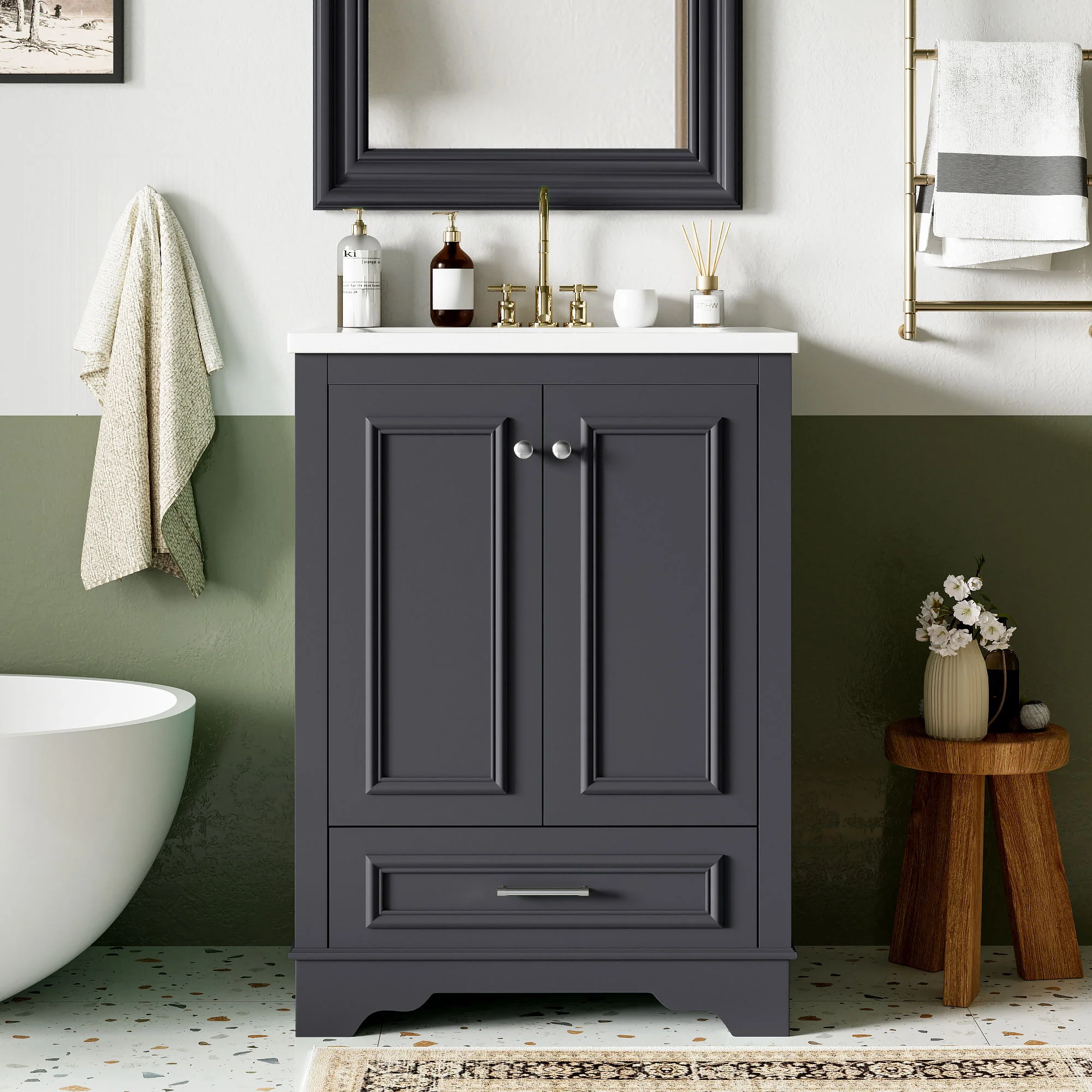 Bathroom Vanity With Ceramic Sink Combo, Modern Freestanding Storage Cabinet With Silver Handles - Image 25