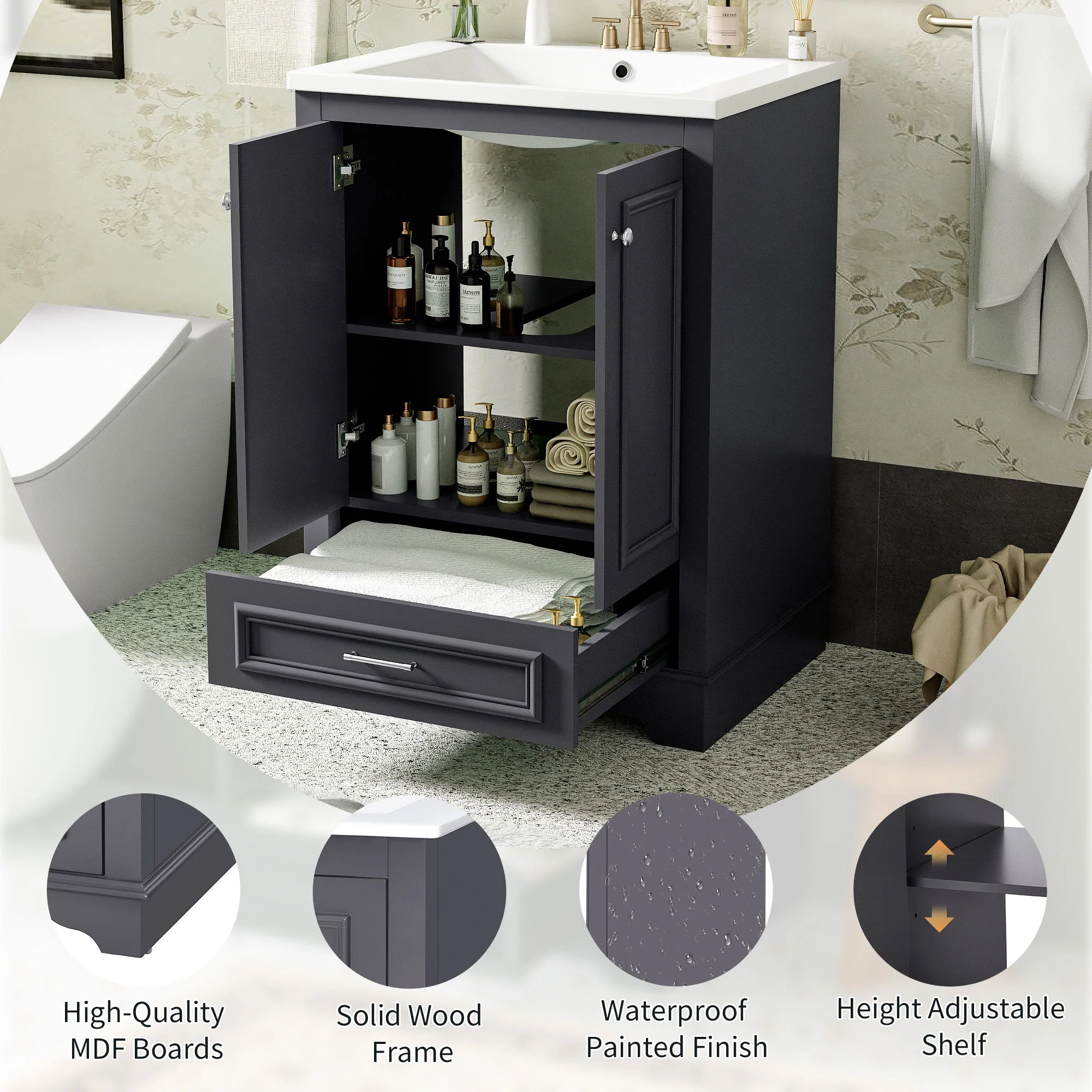 Bathroom Vanity With Ceramic Sink Combo, Modern Freestanding Storage Cabinet With Silver Handles - Image 35