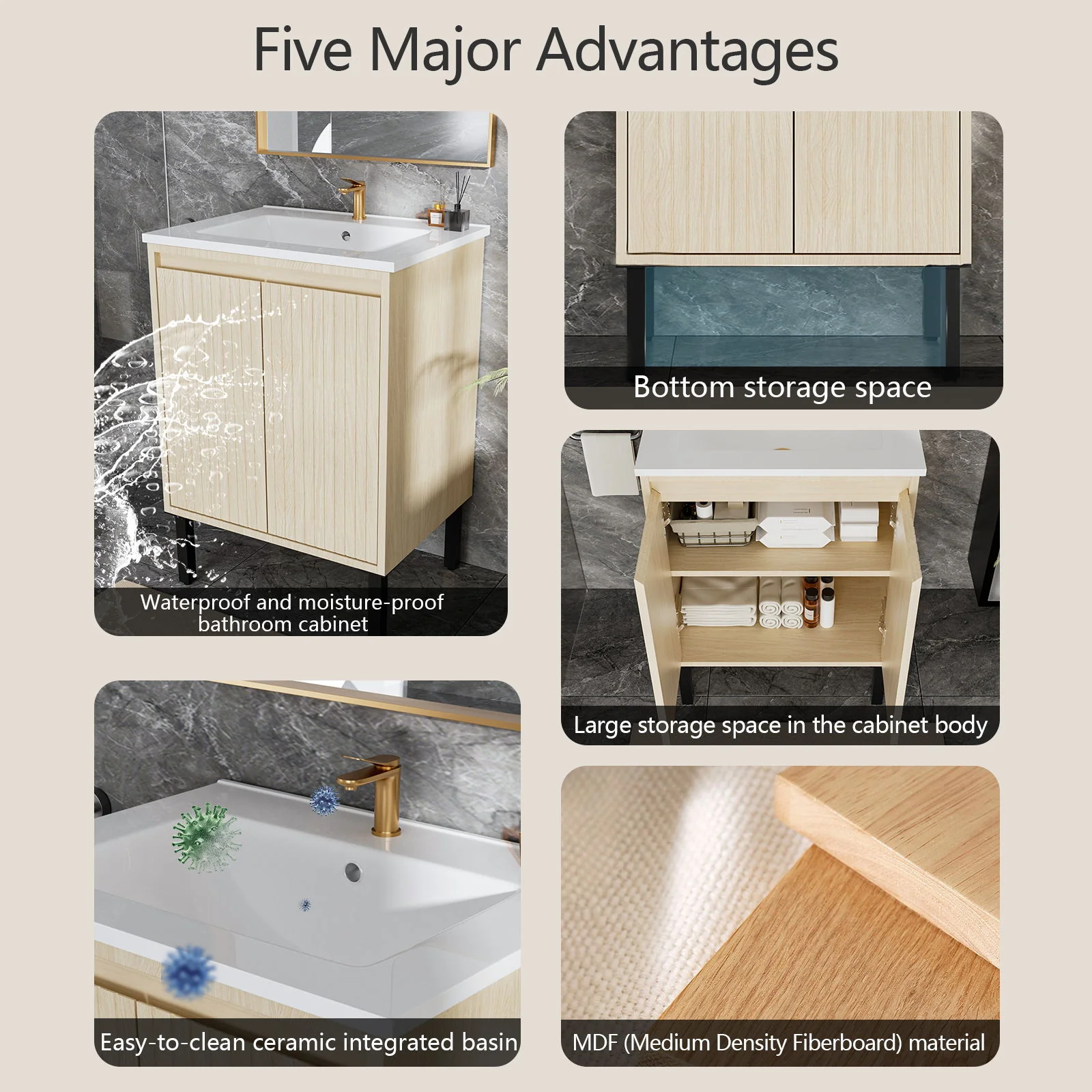Bathroom Vanity With Ceramic Sink, Floor-Standing Design, Soft-Closing Drawers - Image 30