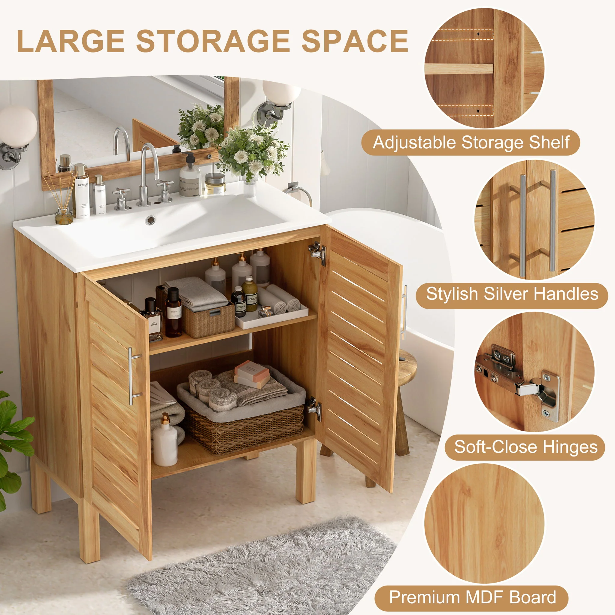 Bathroom Vanity With Ceramic Sink, Freestanding Cabinet - Antique Natural / Brown - Image 4
