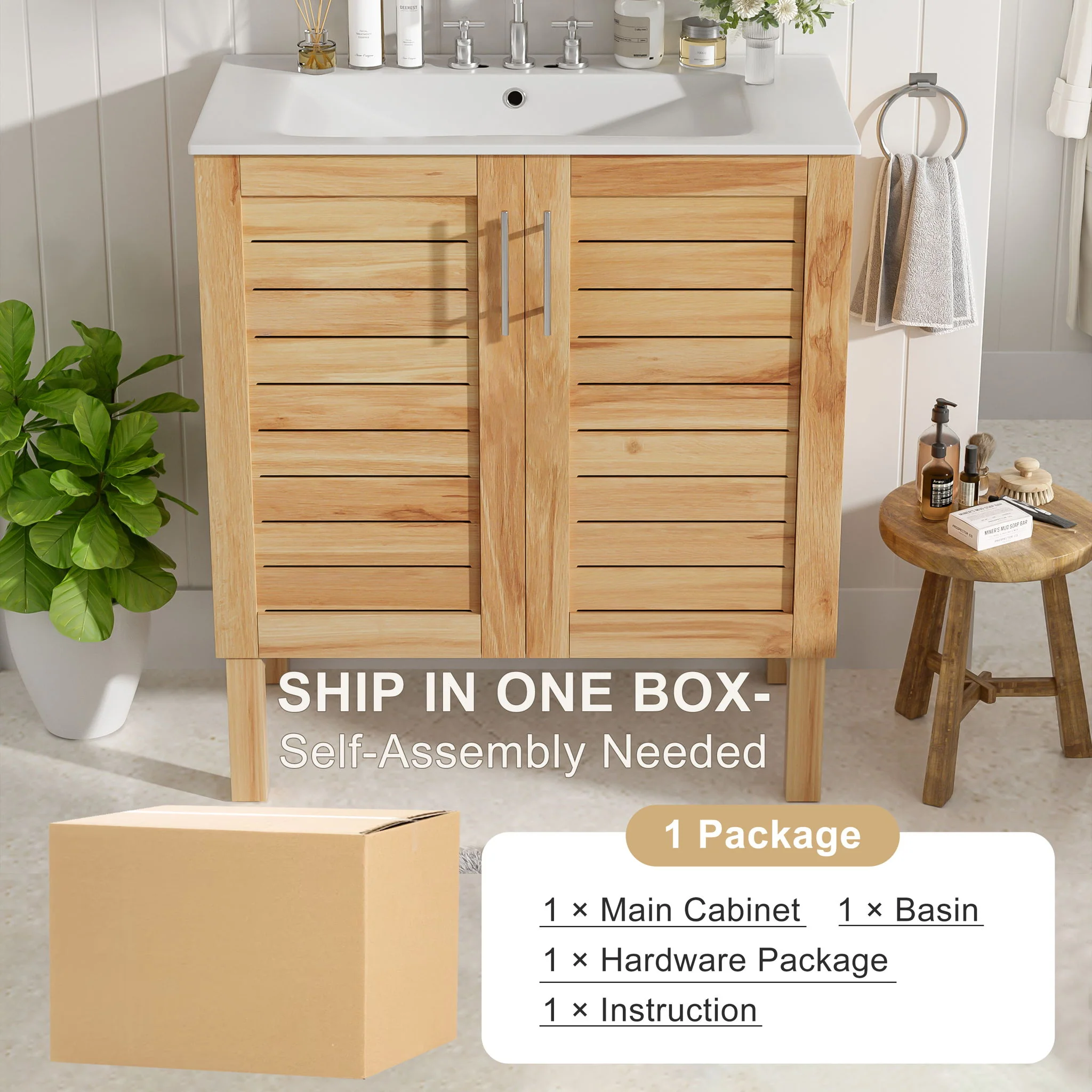 Bathroom Vanity With Ceramic Sink, Freestanding Cabinet - Antique Natural / Brown - Image 5
