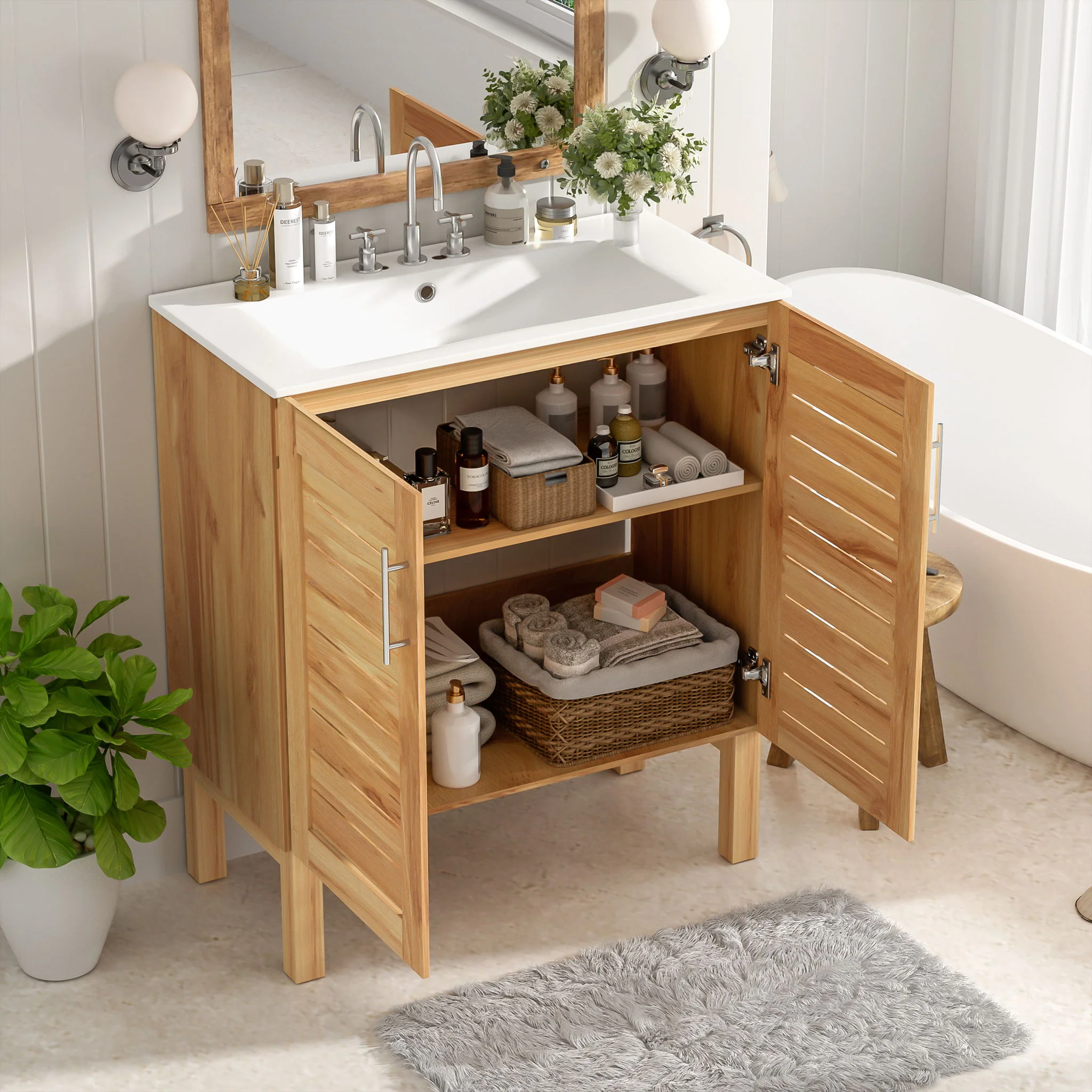 Bathroom Vanity With Ceramic Sink, Freestanding Cabinet - Antique Natural / Brown - Image 7