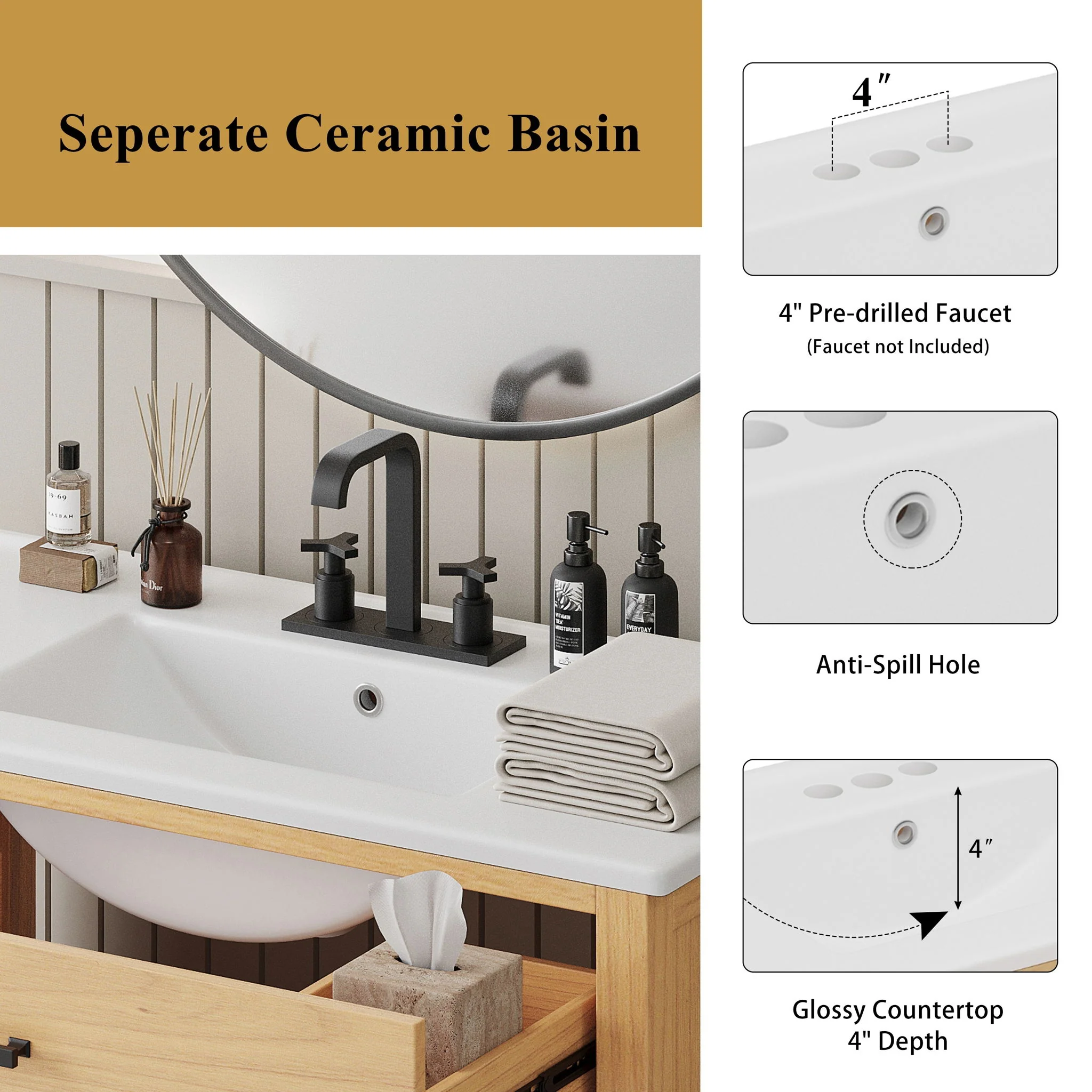 Bathroom Vanity With Ceramic Sink, Modern Free Standing Cabinet With Soft Close Drawers - Image 8