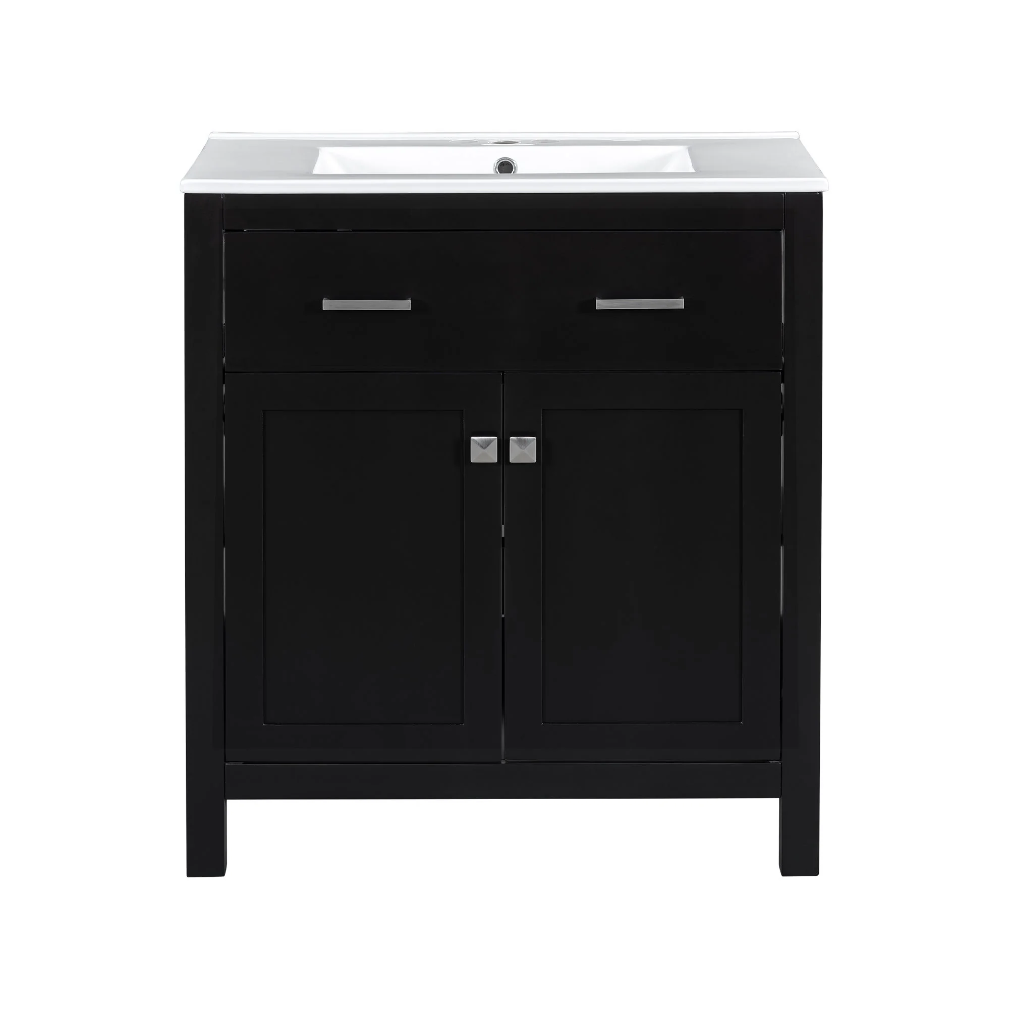 Bathroom Vanity With Ceramic Sink, Modern Single Bathroom Cabinet With 2 Doors And A Shelf, Soft Close Doors