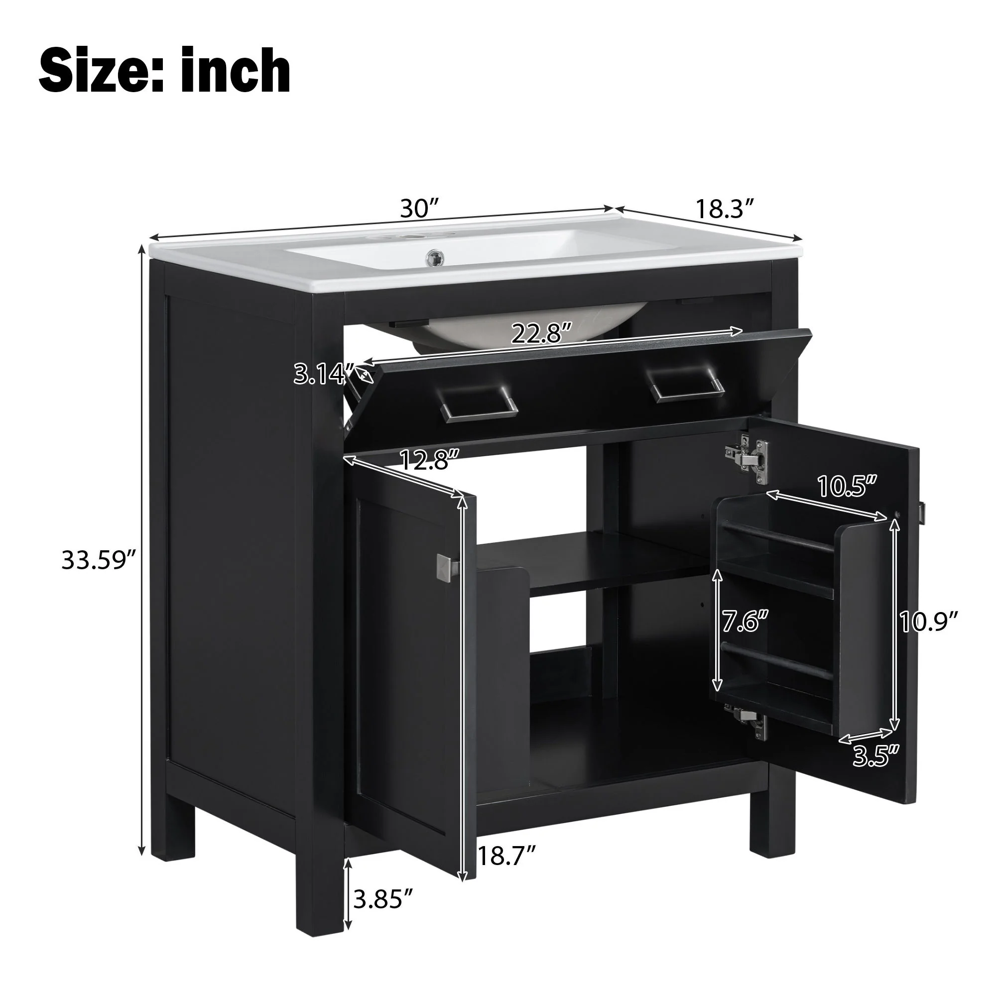 Bathroom Vanity With Ceramic Sink, Modern Single Bathroom Cabinet With 2 Doors And A Shelf, Soft Close Doors - Image 15