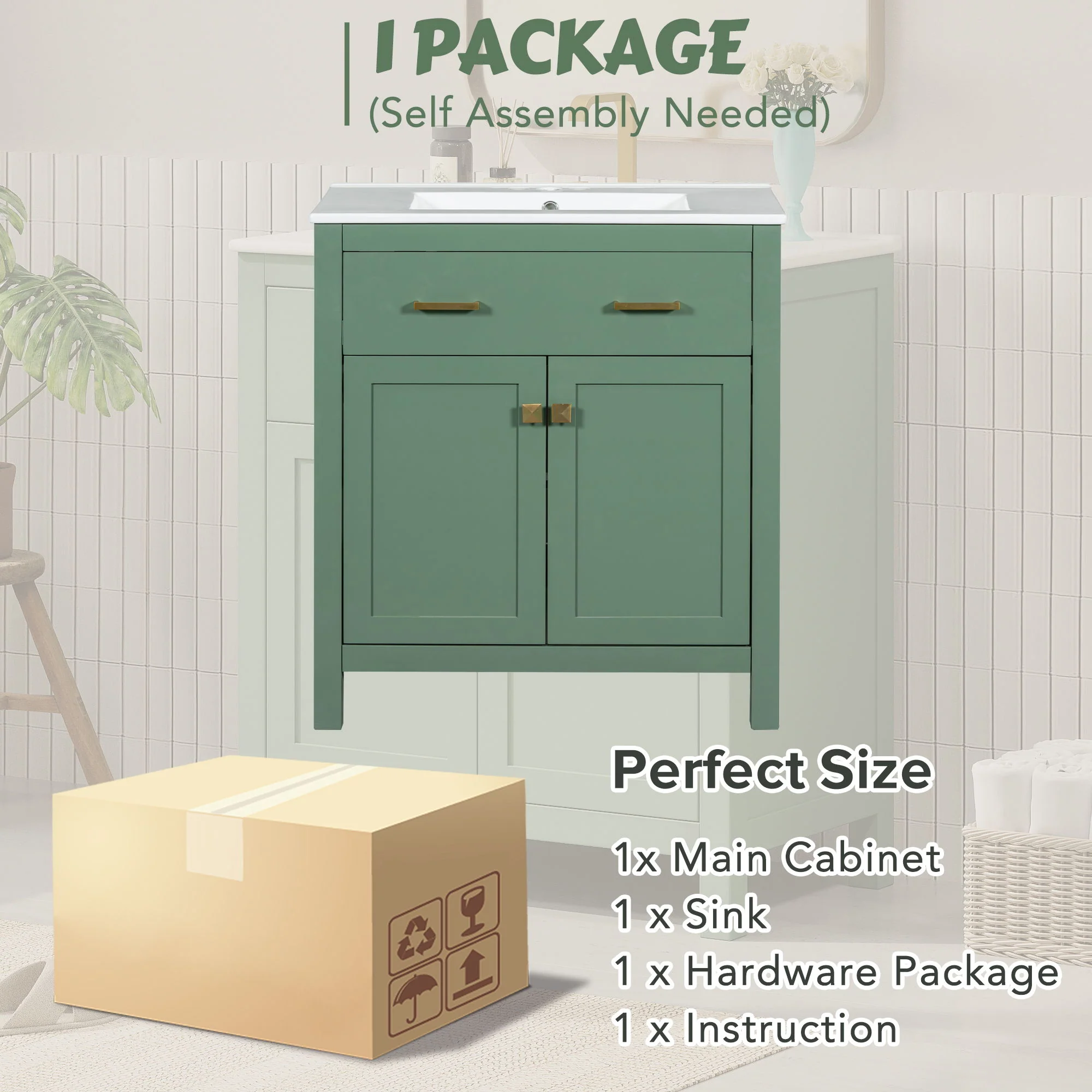 Bathroom Vanity With Ceramic Sink, Modern Single Bathroom Cabinet With 2 Doors And A Shelf, Soft Close Doors - Image 32