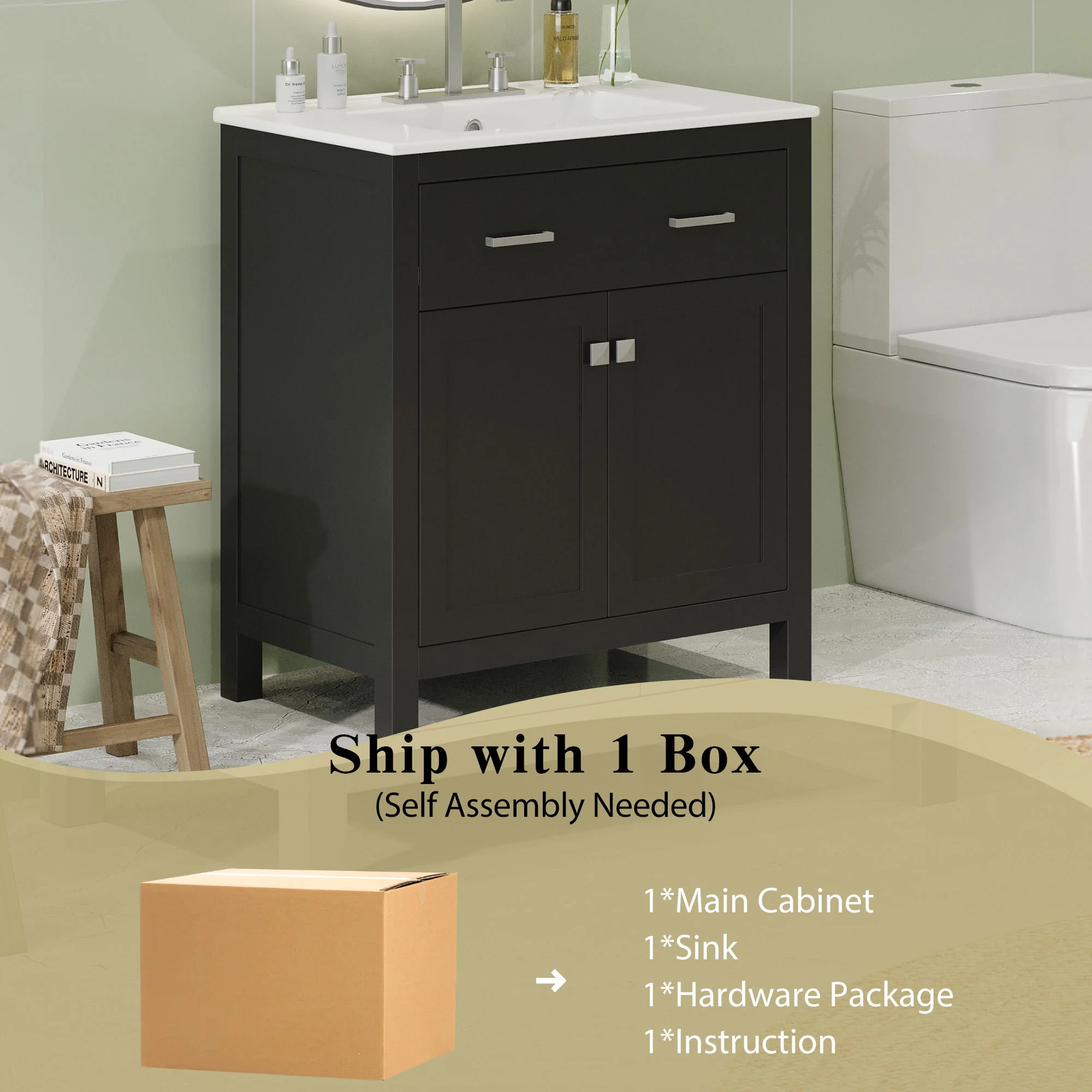 Bathroom Vanity With Ceramic Sink, Modern Single Bathroom Cabinet With 2 Doors And A Shelf, Soft Close Doors - Image 6