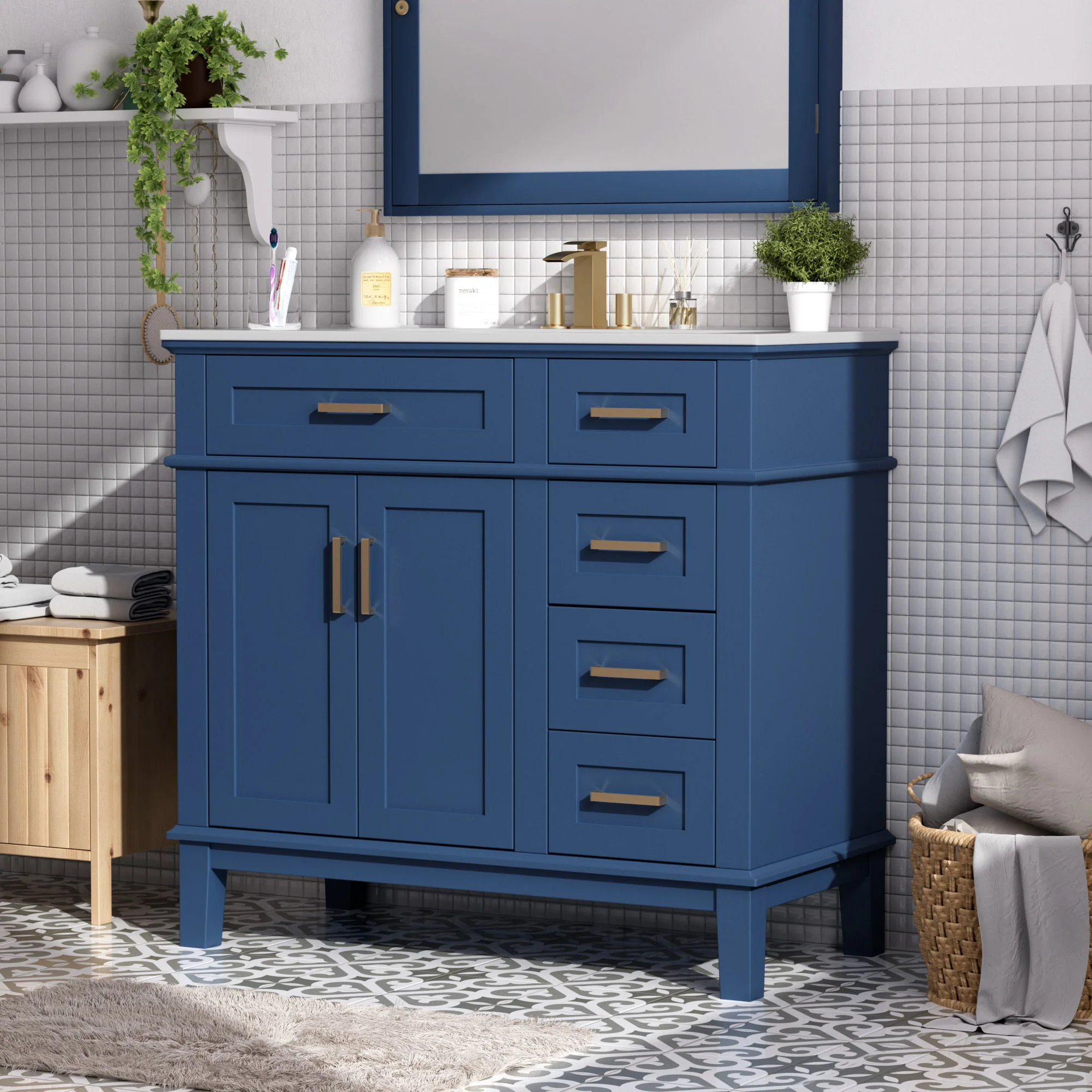 Bathroom Vanity With Ceramic Sink, Soft-Close Doors, 4 Storage Drawers - Blue - Image 2