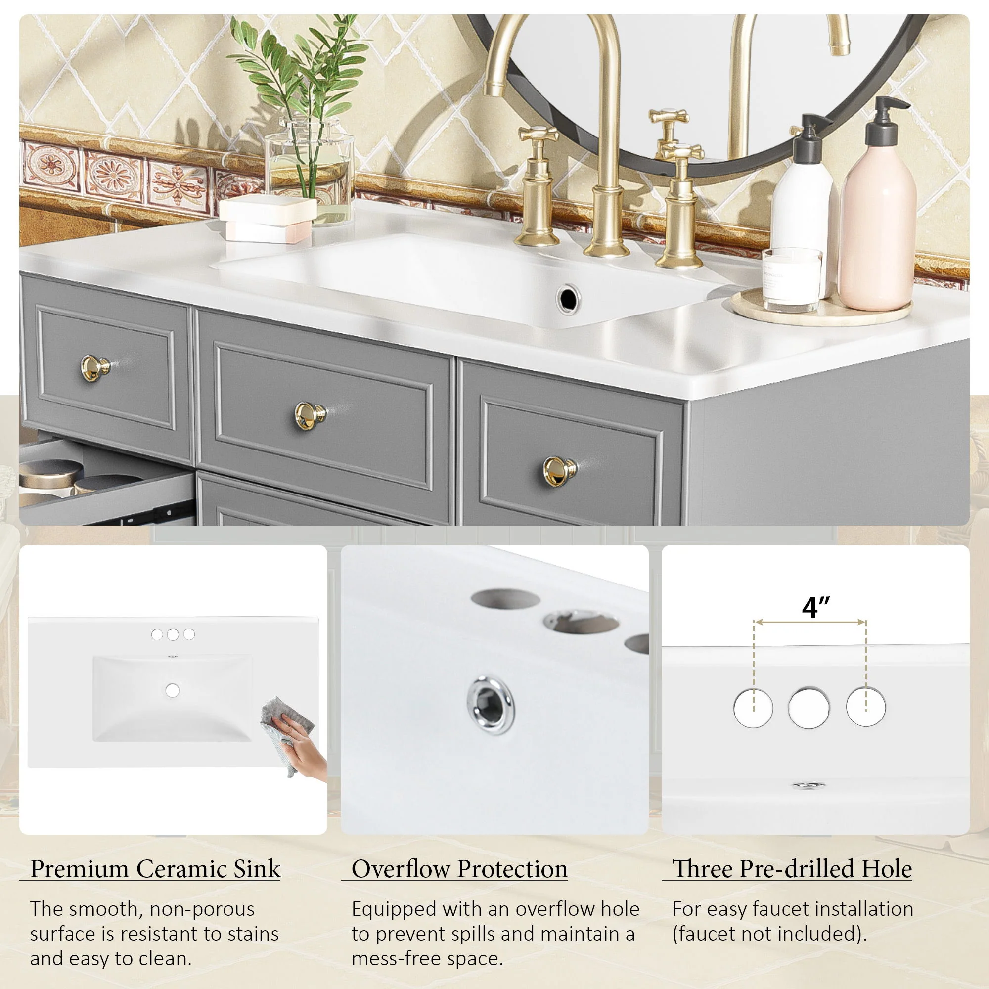 Bathroom Vanity With Ceramic Sink, Soft Close Doors, Adjustable Shelves - Image 11