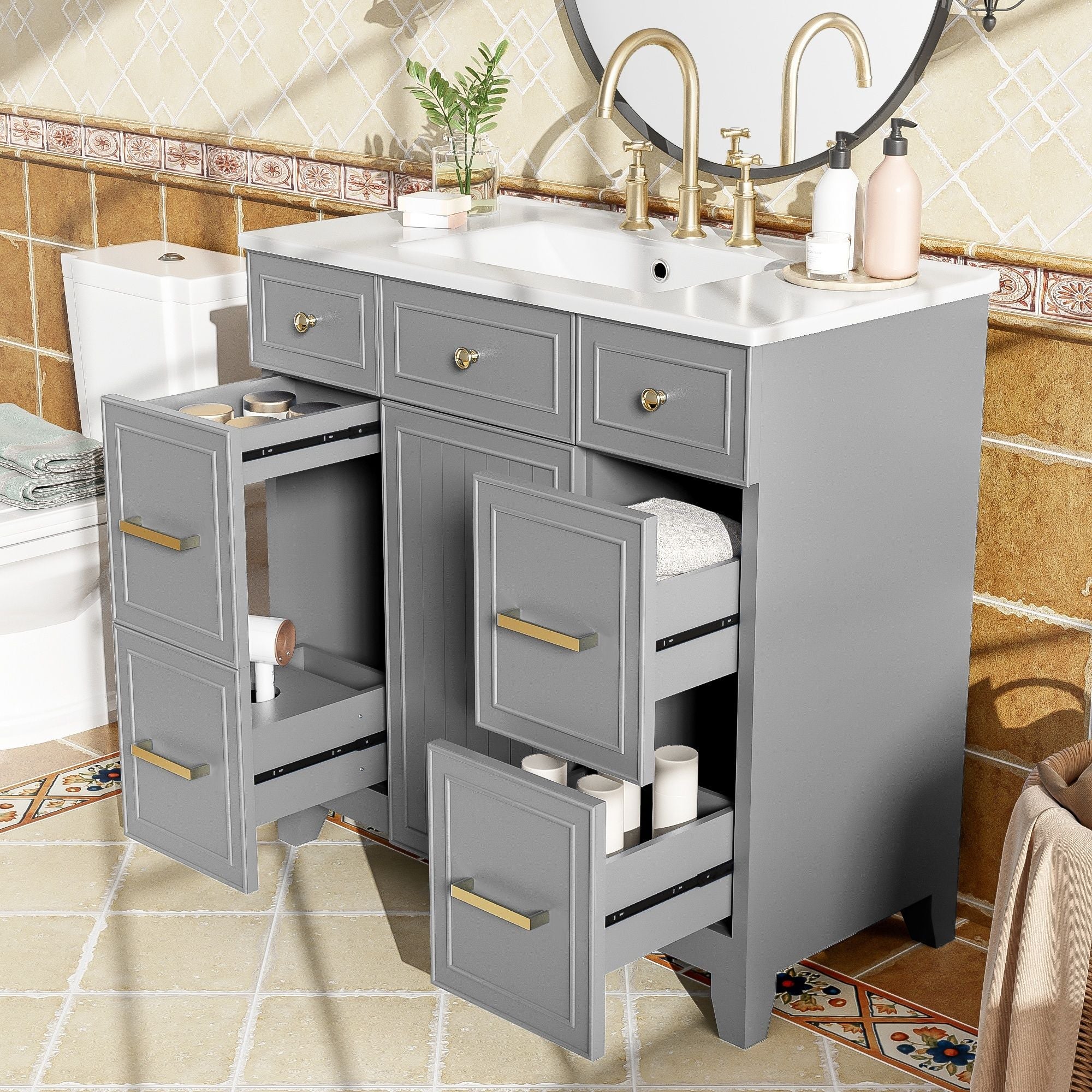 Bathroom Vanity With Ceramic Sink, Soft Close Doors, Adjustable Shelves - Image 29