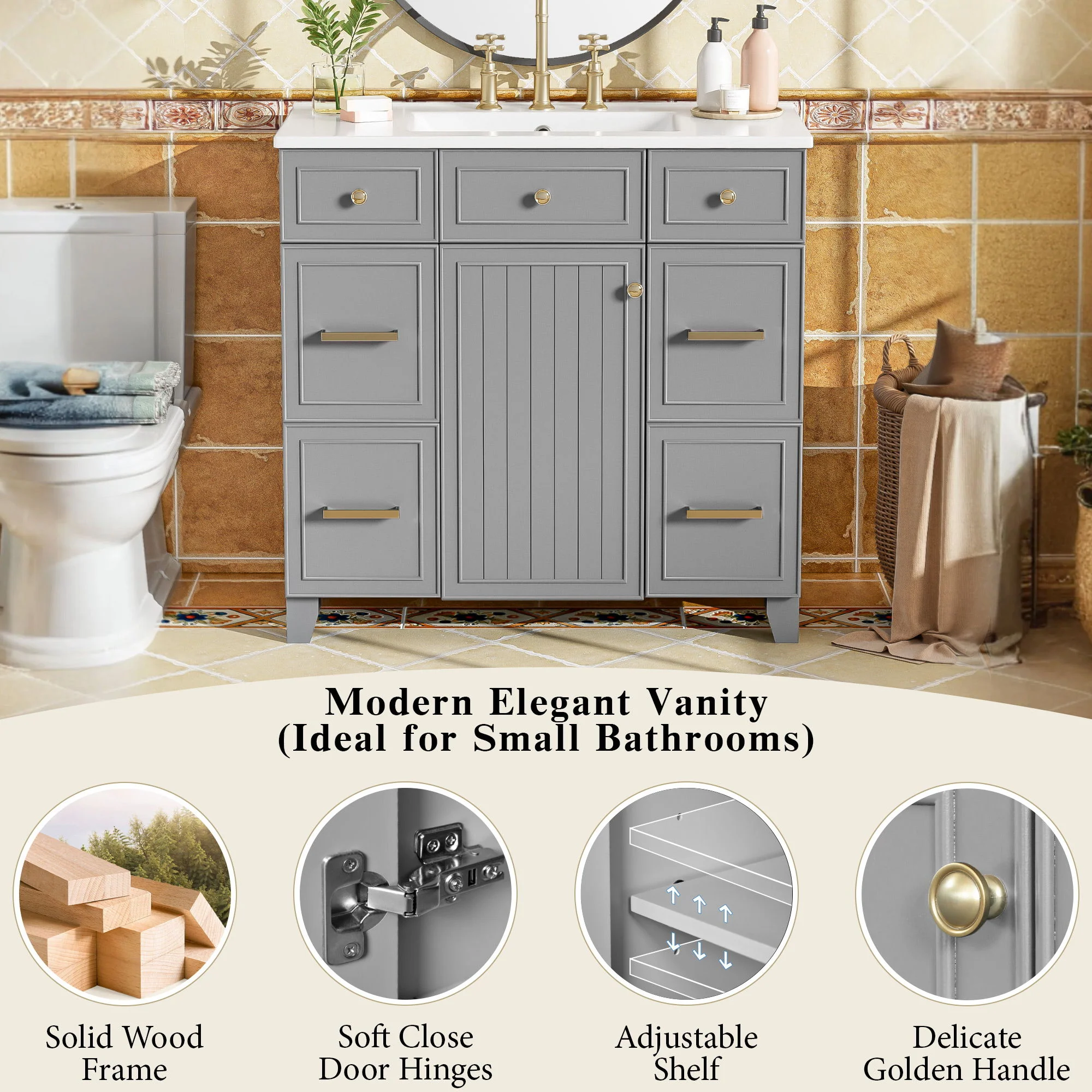Bathroom Vanity With Ceramic Sink, Soft Close Doors, Adjustable Shelves - Image 6