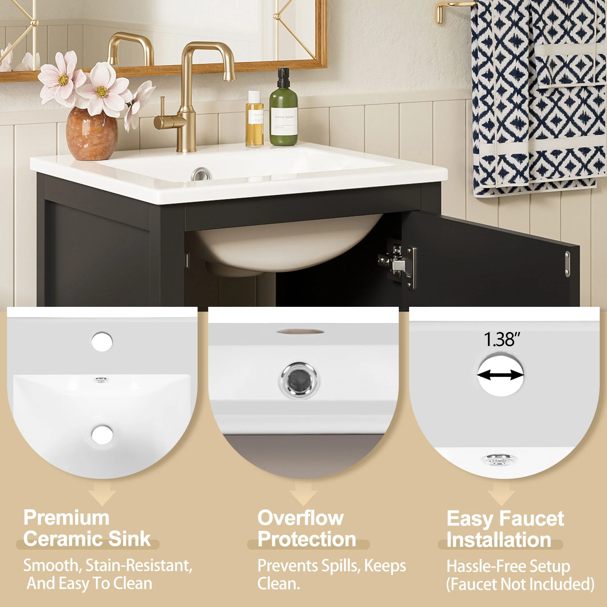 Bathroom Vanity With Ceramic Sink, Soft Close Drawers, Door Organizer, Divider Drawer, Adjustable Foot Pads - Image 15