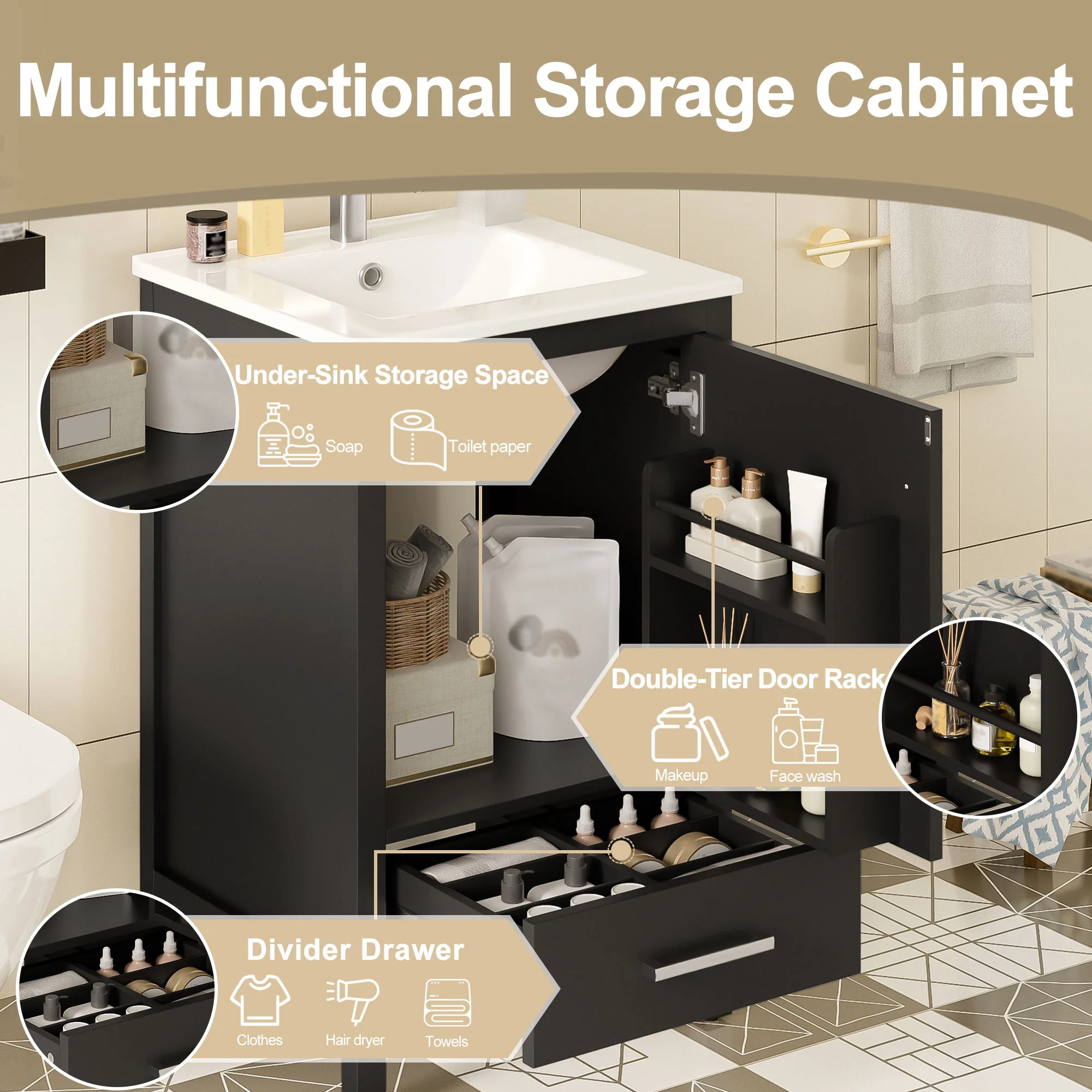 Bathroom Vanity With Ceramic Sink, Soft Close Drawers, Door Organizer, Divider Drawer, Adjustable Foot Pads - Image 8