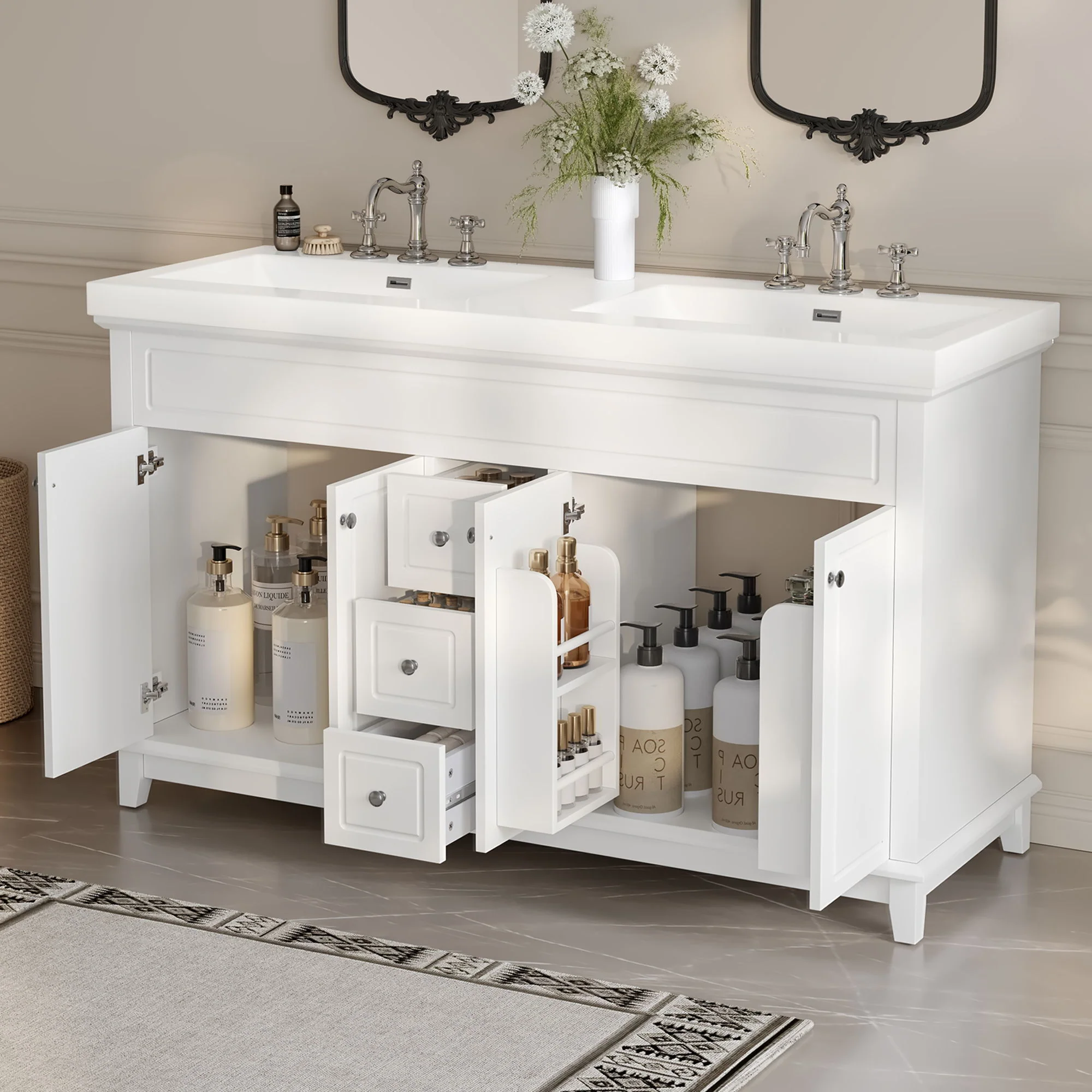 Bathroom Vanity With Double Sinks, 3 Drawers & 4 Doors, Soft Close, All Open Back Design - White - Image 5