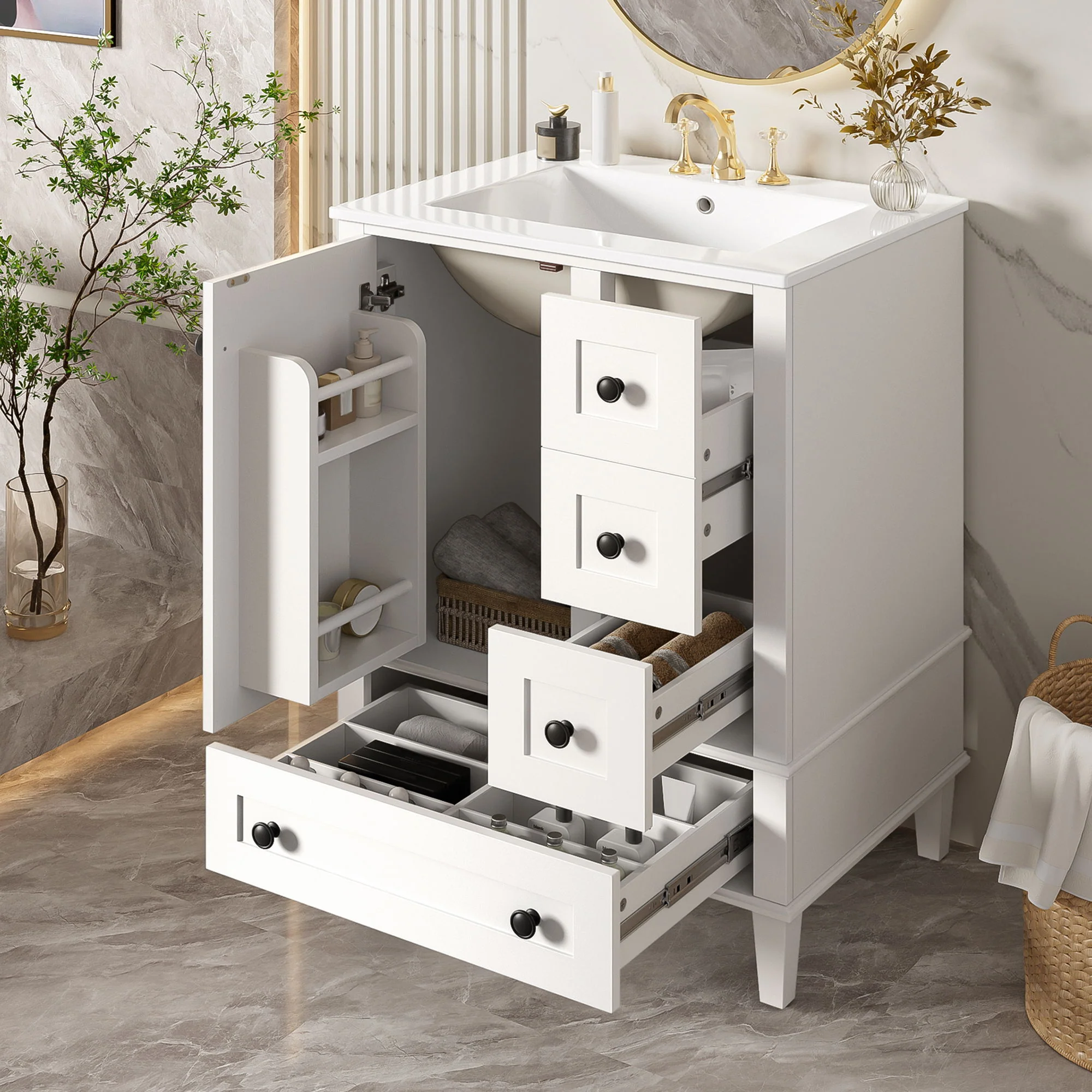 Bathroom Vanity With Integrated Basin, Soft Close Drawers, Door Mounted Double Layer Shelf - Image 29