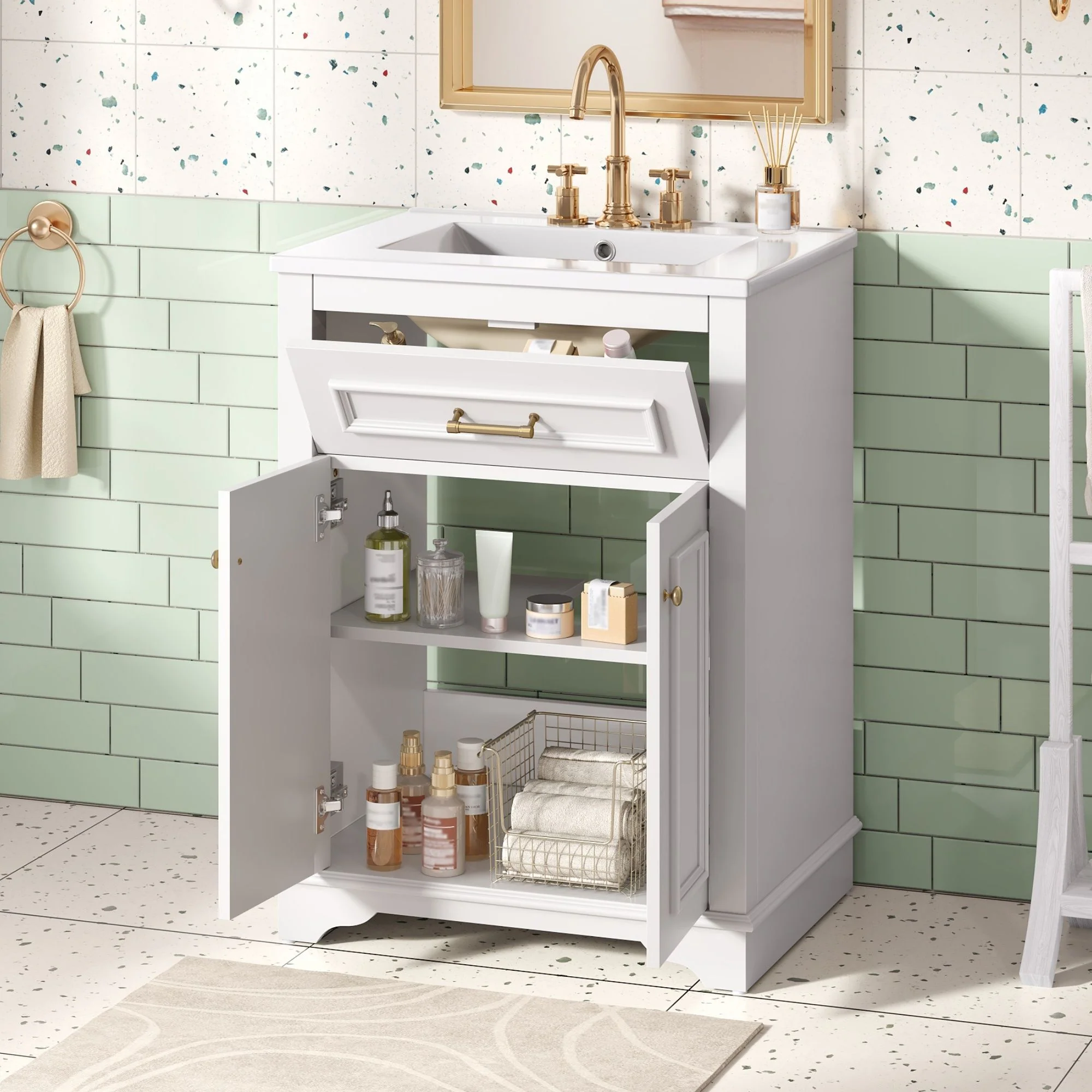 Bathroom Vanity With Integrated Sink, 2 Door Cabinet With Tip Out Drawer, Rectangular Design - Image 19