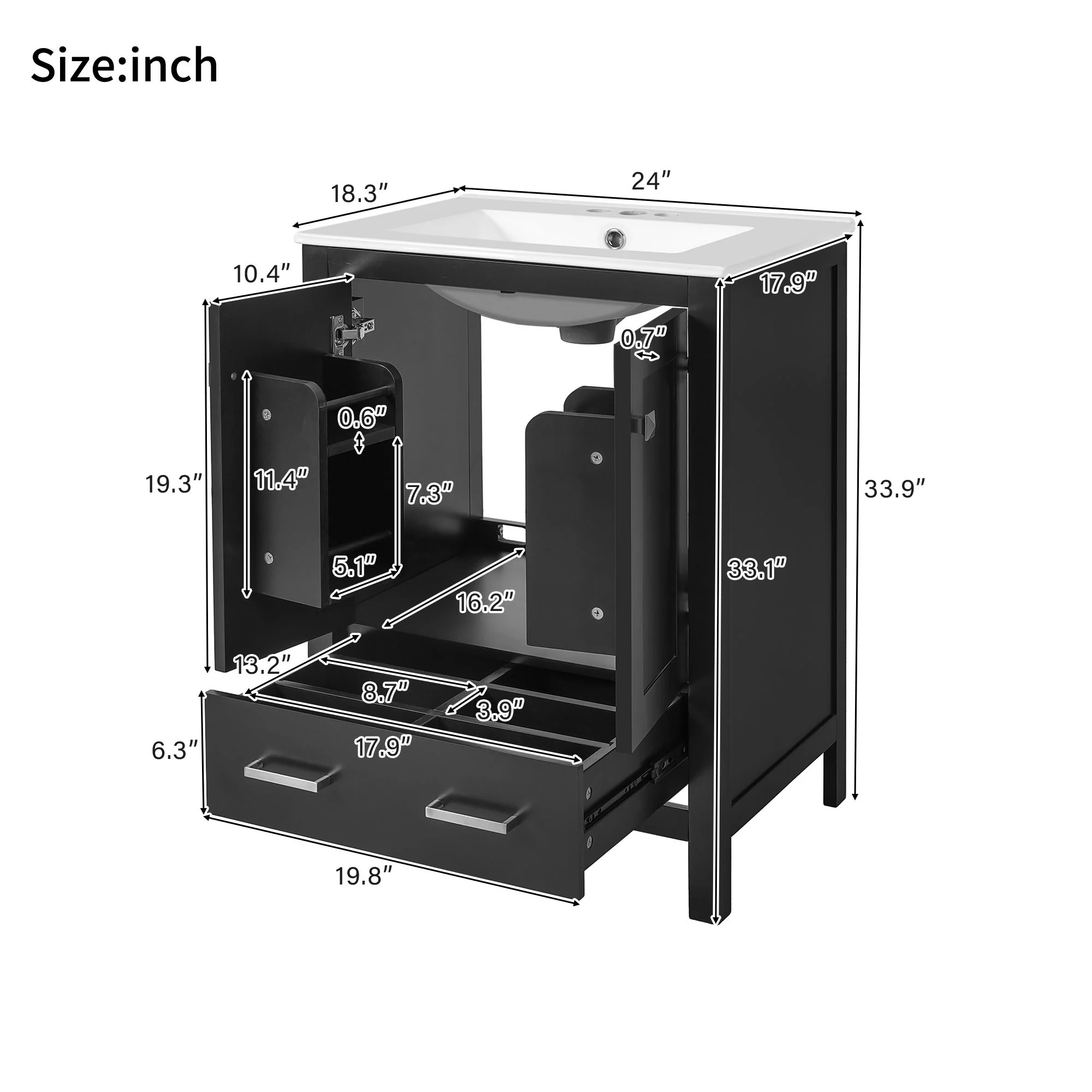 Bathroom Vanity With Integrated Undermount Ceramic Sink, 2 Doors And 1 Drawer, Soft Close Hinges - Image 40