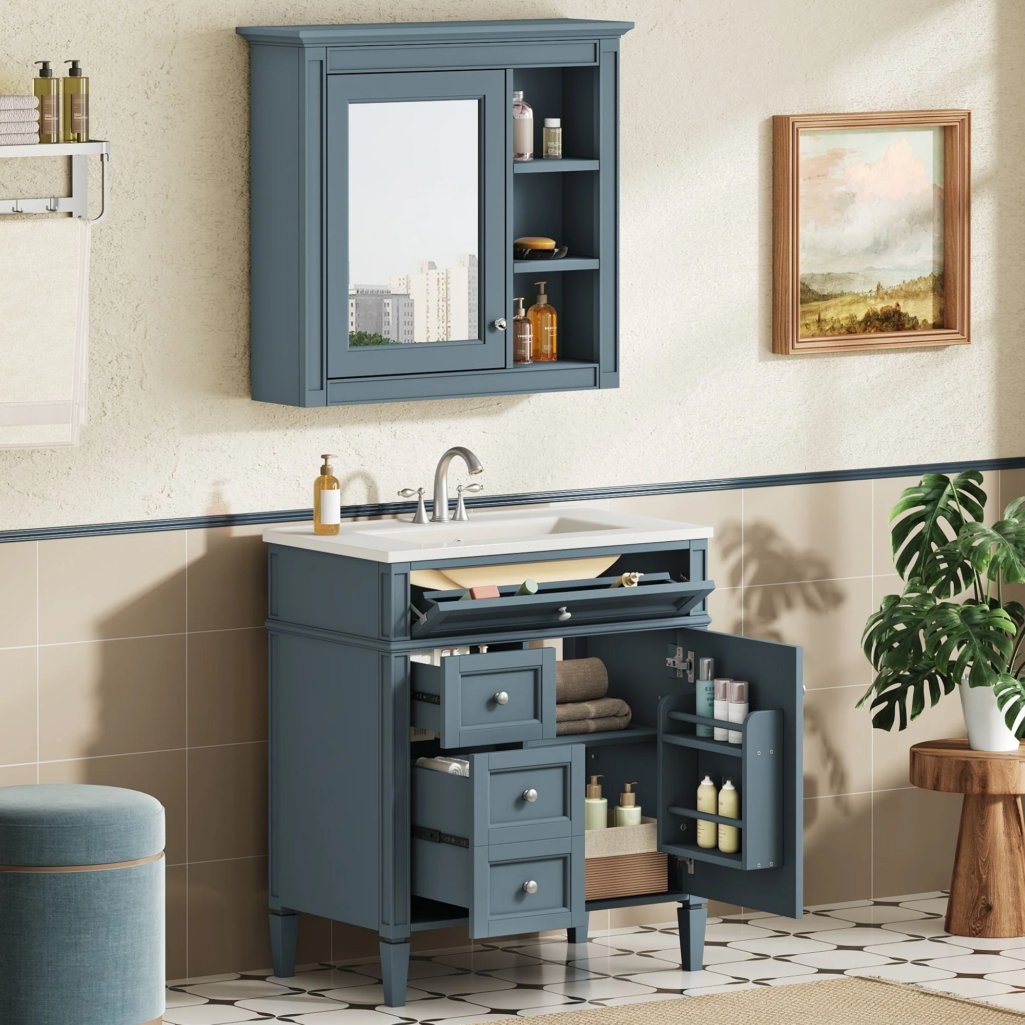 Bathroom Vanity With Medicine Cabinet, Royal Mirror Cabinet, Modern Bathroom Storage Cabinet With 2 Soft Closing Doors And 4 Drawers - Image 14