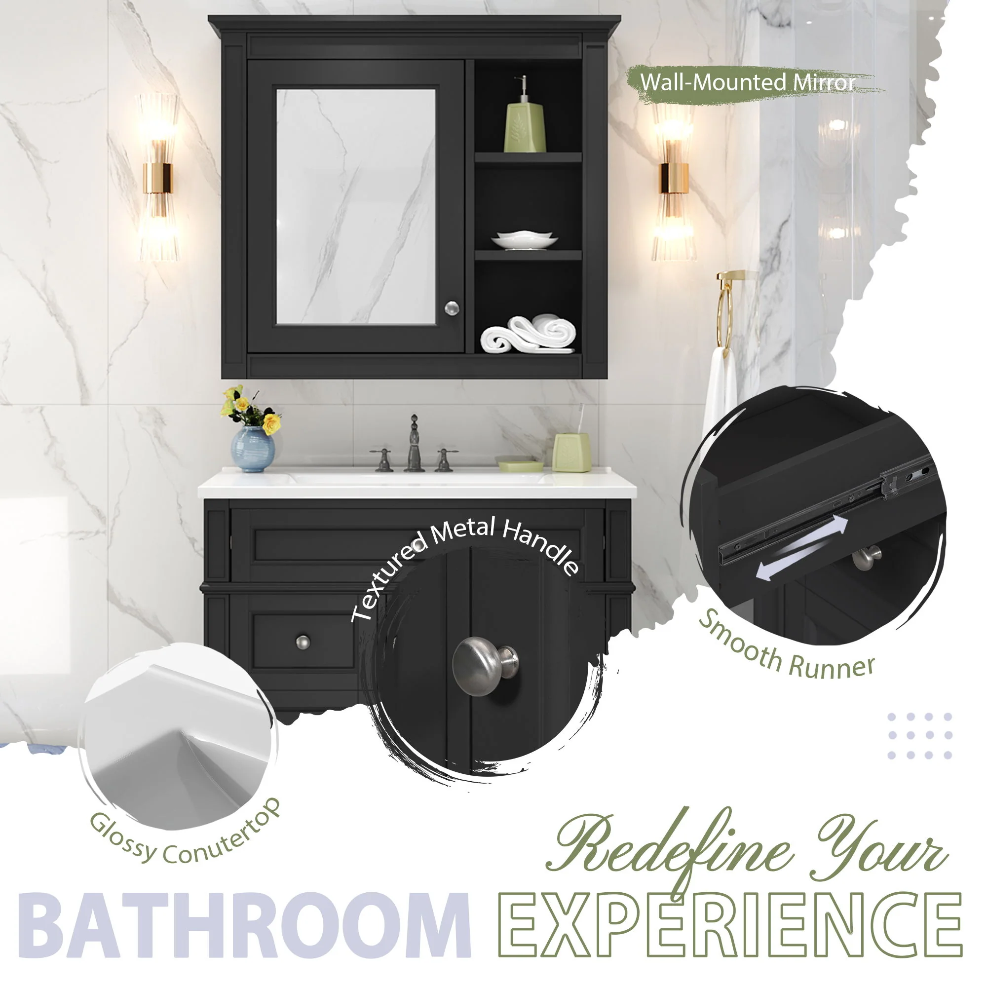 Bathroom Vanity With Medicine Cabinet, Royal Mirror Cabinet, Modern Bathroom Storage Cabinet With 2 Soft Closing Doors And 4 Drawers - Image 32