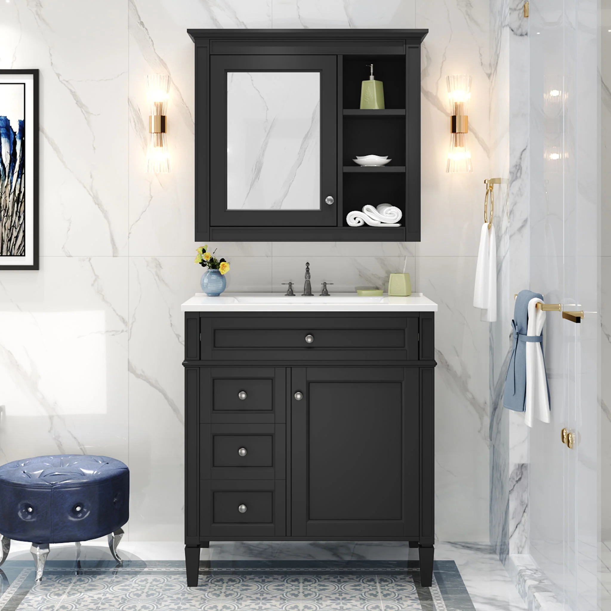 Bathroom Vanity With Medicine Cabinet, Royal Mirror Cabinet, Modern Bathroom Storage Cabinet With 2 Soft Closing Doors And 4 Drawers - Image 33