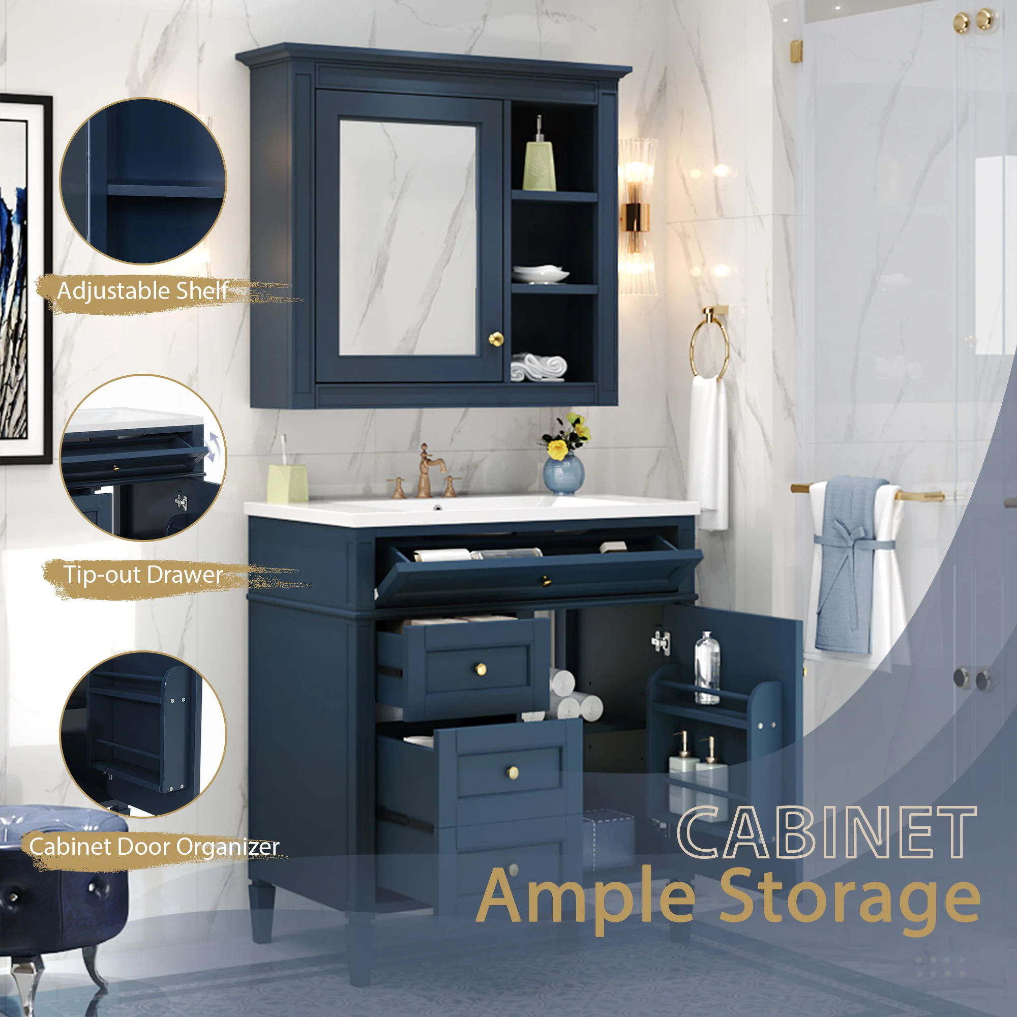 Bathroom Vanity With Medicine Cabinet, Royal Mirror Cabinet, Modern Bathroom Storage Cabinet With 2 Soft Closing Doors And 4 Drawers - Image 46