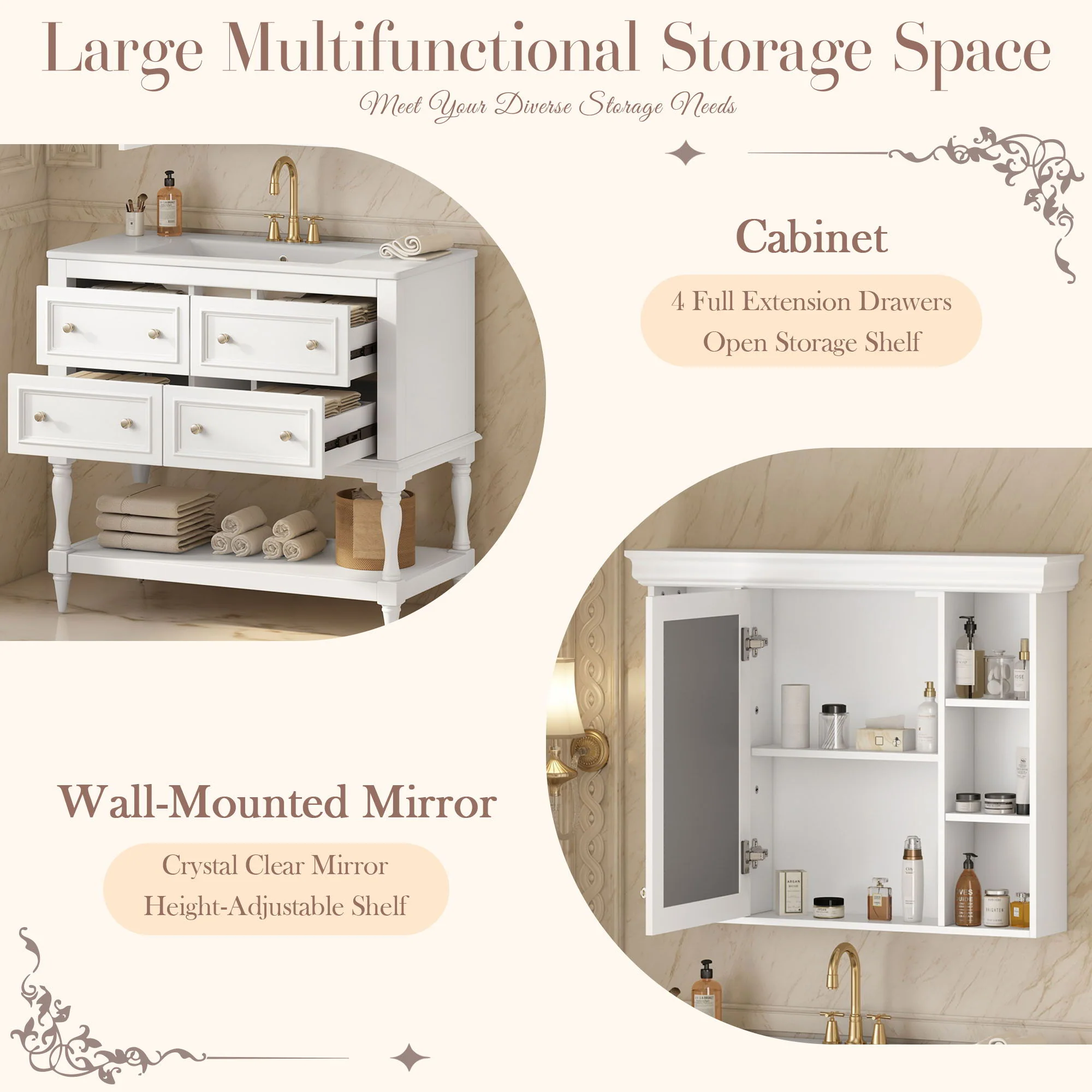 Bathroom Vanity With Medicine Cabinet, Storage Cabinet With 4 Drawers, Adjustable Shelf Mirror - Image 11