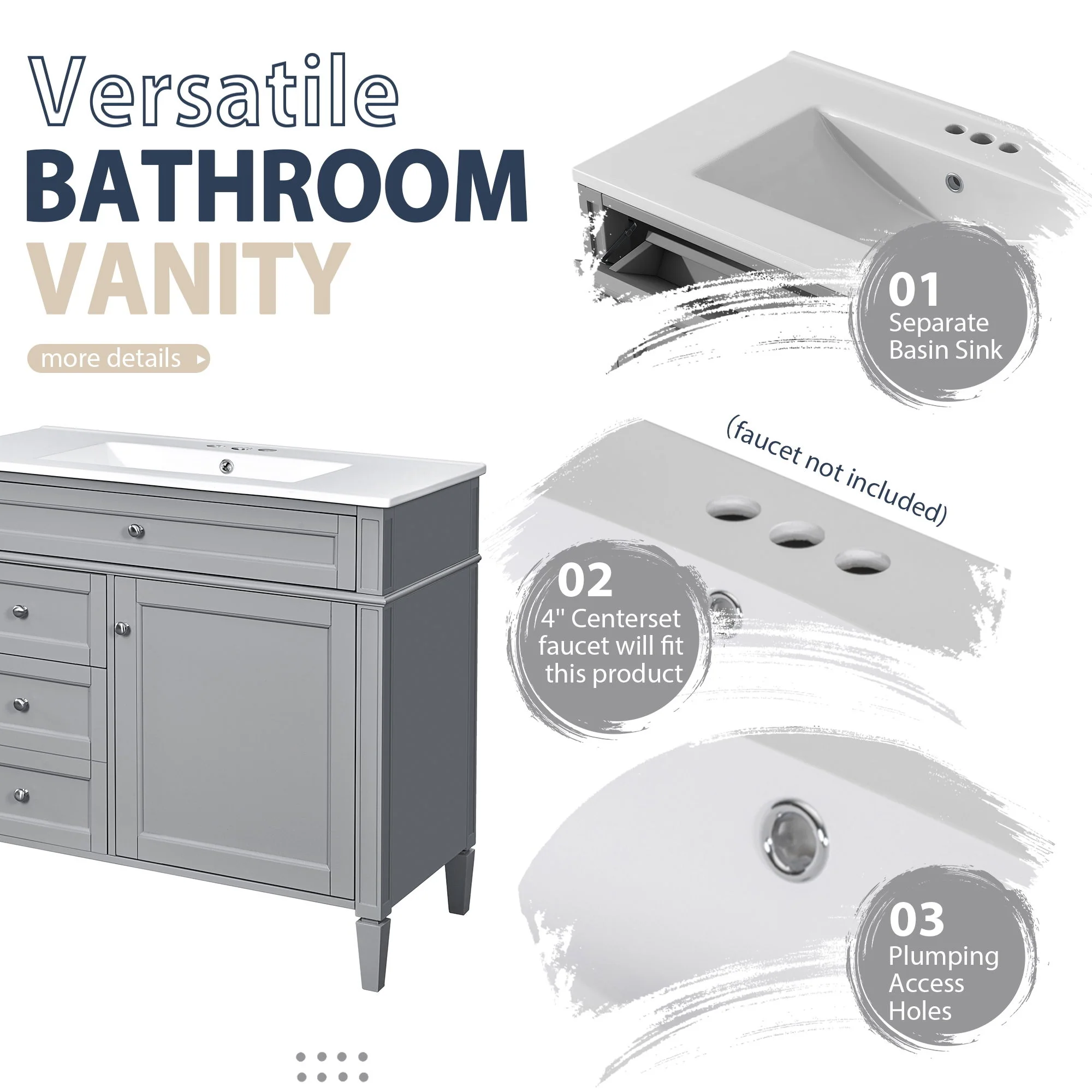 Bathroom Vanity With Mirror Cabinet, Single Sink With 2 Soft Closing Doors And 4 Drawers - Image 10
