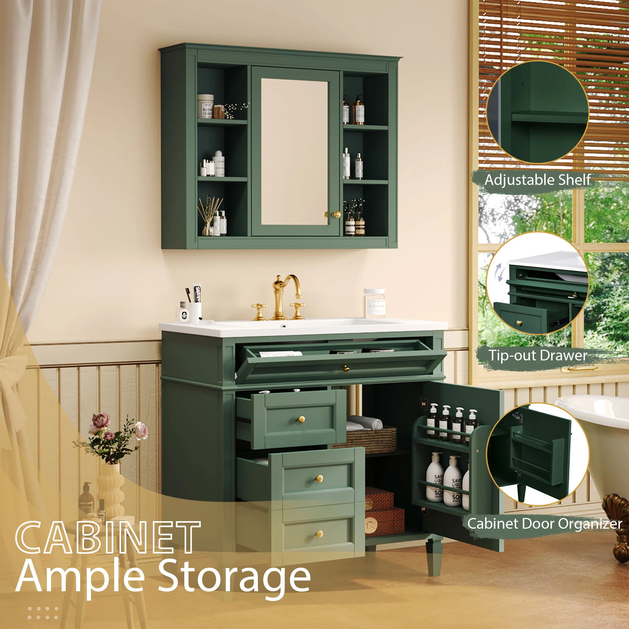 Bathroom Vanity With Mirror Cabinet, Single Sink With 2 Soft Closing Doors And 4 Drawers - Image 16
