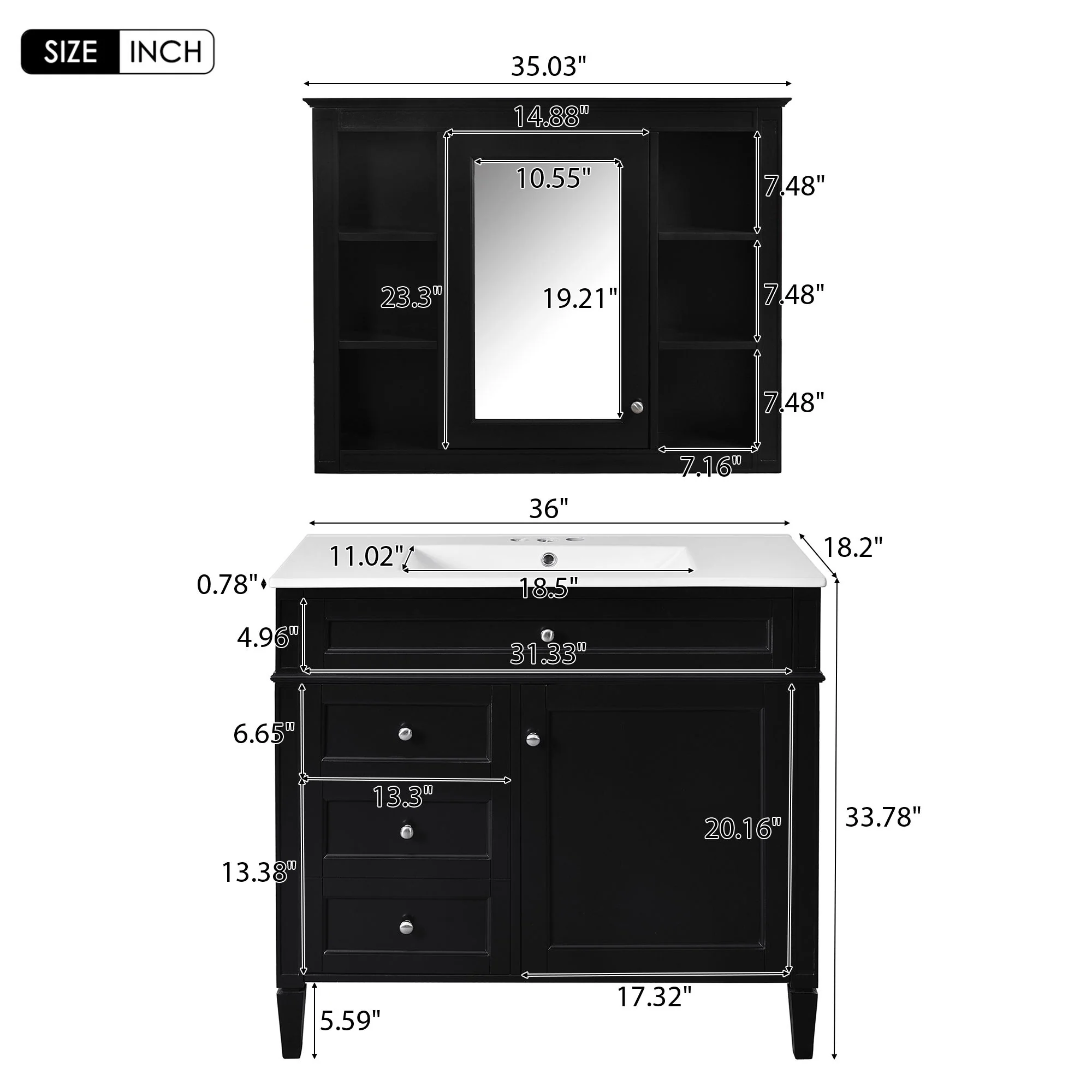 Bathroom Vanity With Mirror Cabinet, Single Sink With 2 Soft Closing Doors And 4 Drawers - Image 20