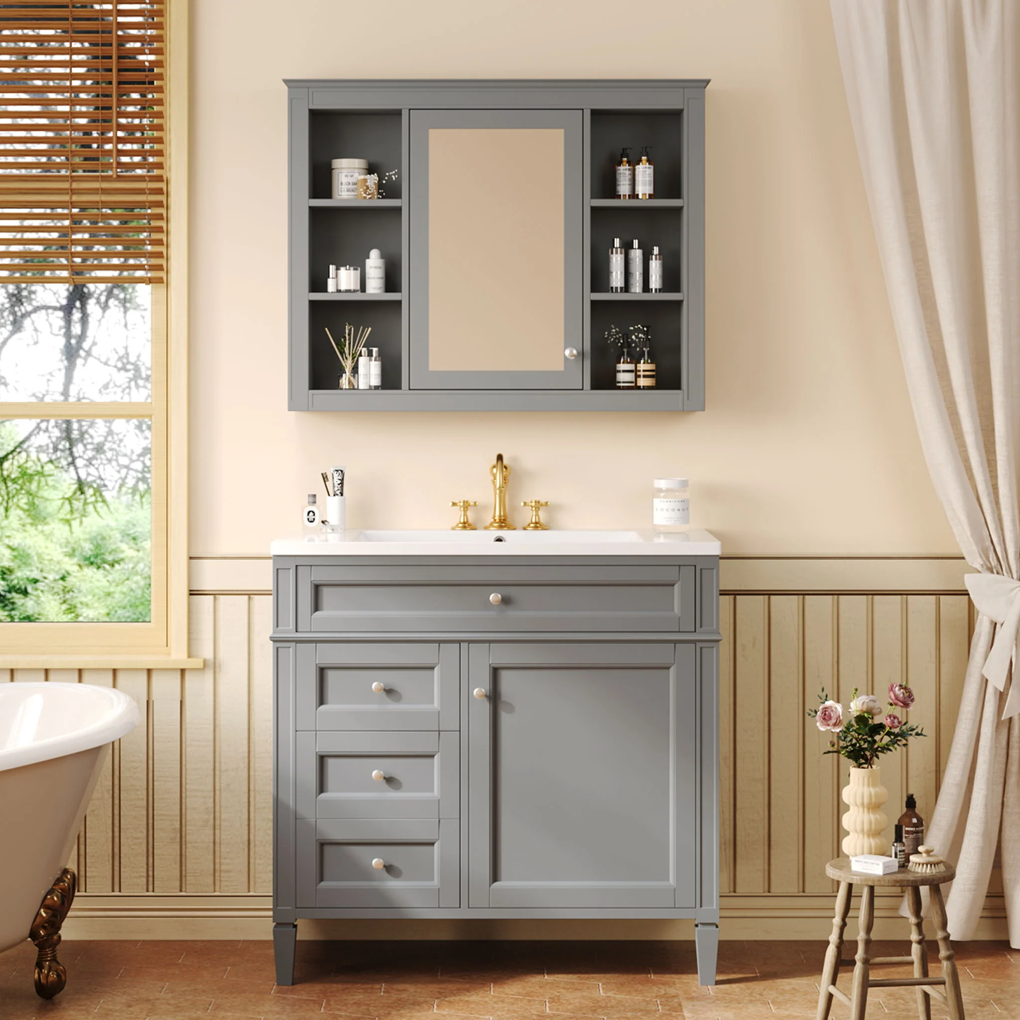 Bathroom Vanity With Mirror Cabinet, Single Sink With 2 Soft Closing Doors And 4 Drawers - Image 29