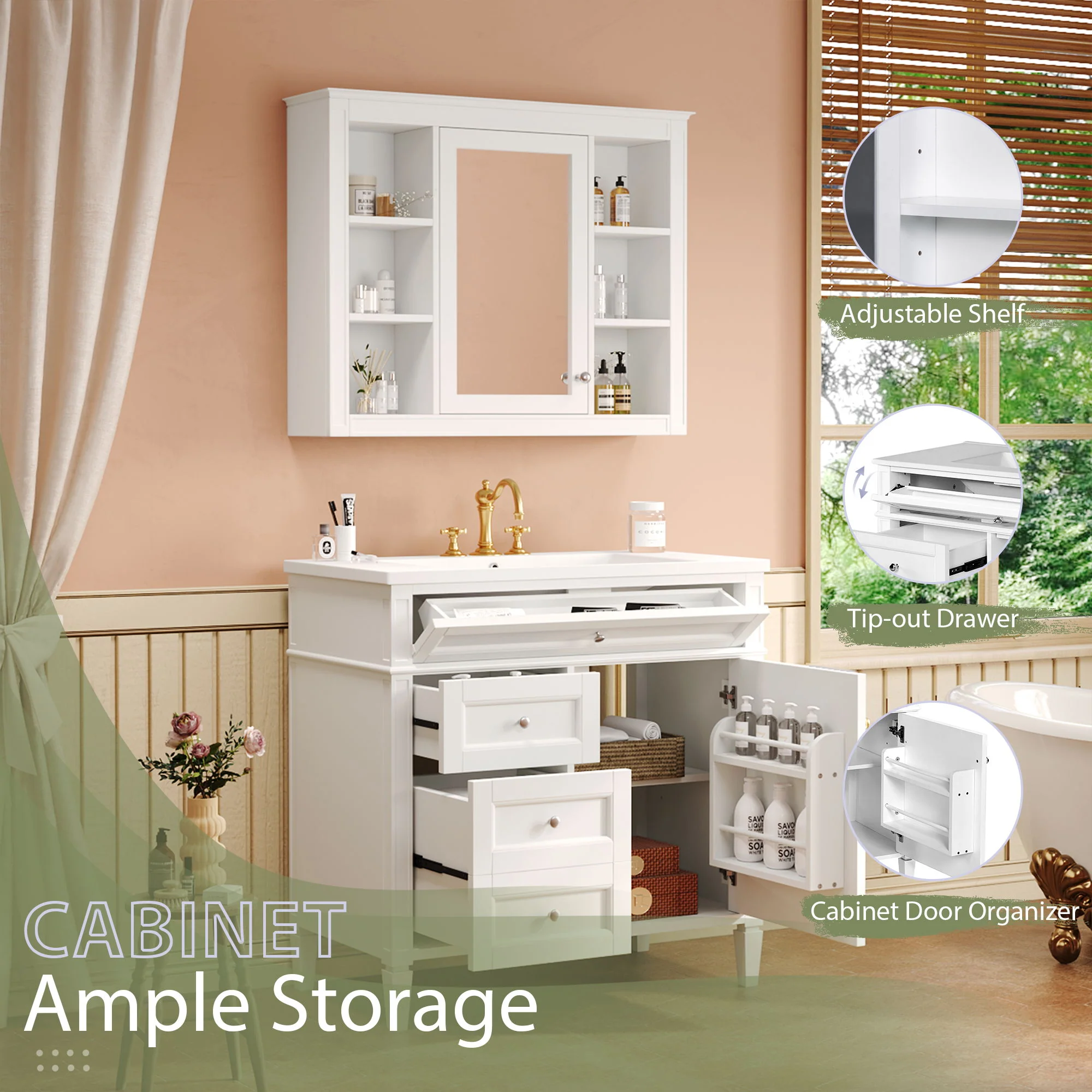 Bathroom Vanity With Mirror Cabinet, Single Sink With 2 Soft Closing Doors And 4 Drawers - Image 37