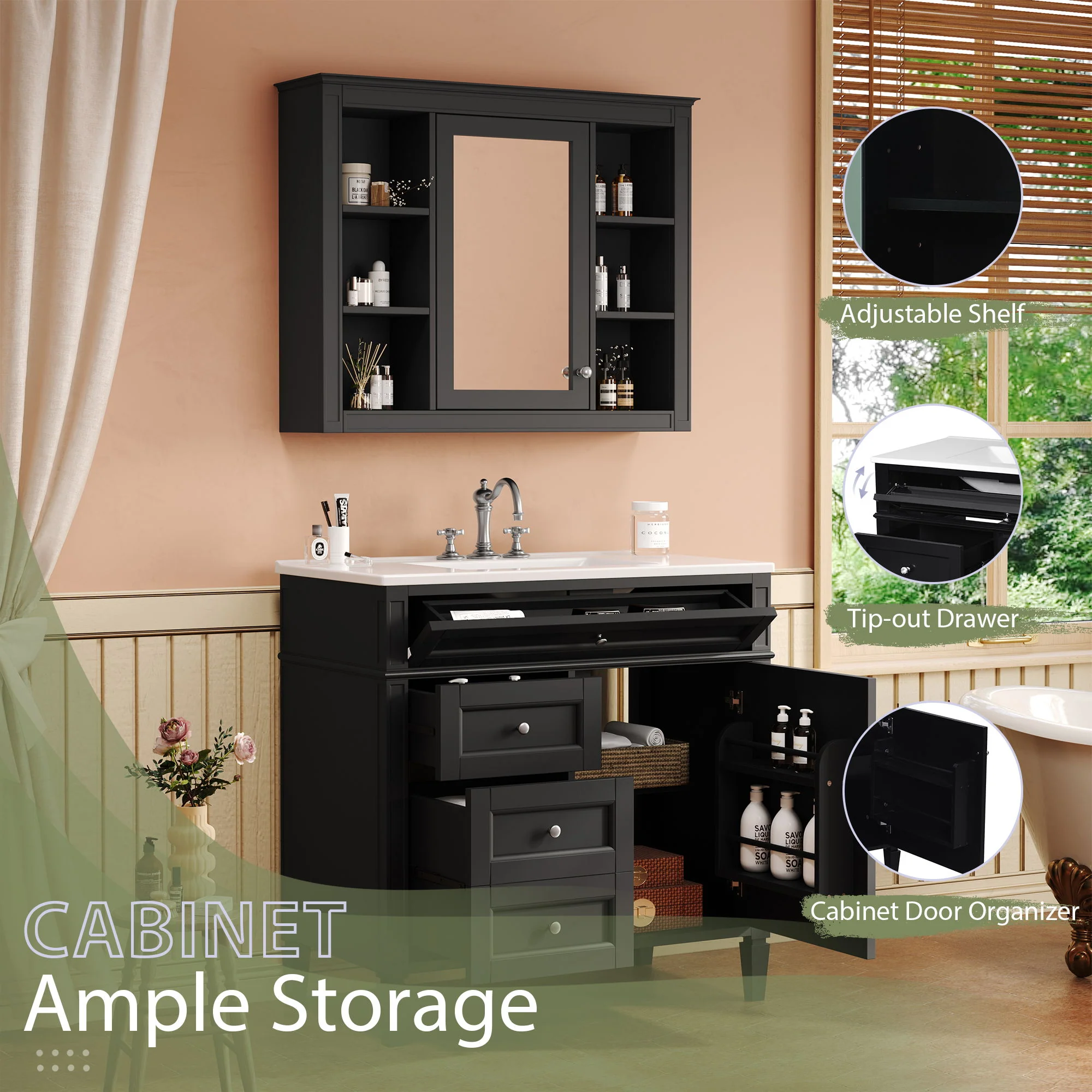 Bathroom Vanity With Mirror Cabinet, Single Sink With 2 Soft Closing Doors And 4 Drawers - Image 6