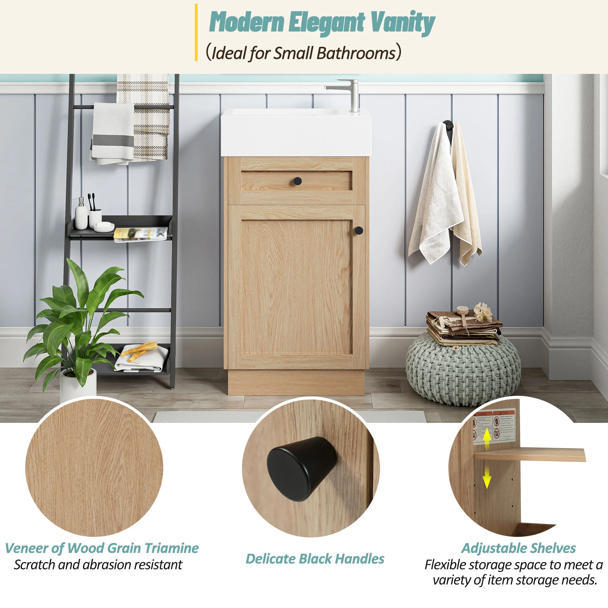 Bathroom Vanity With Reversible Resin Sink, Cabinet & Zinc Alloy Handles - Wood - Image 7