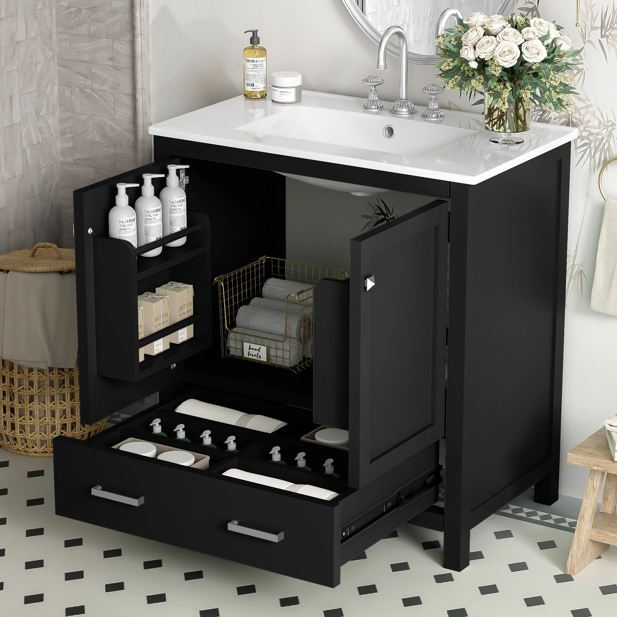 Bathroom Vanity With Single Sink, Combo Cabinet Undermount Sink, Bathroom Storage Cabinet With Two Doors And A Drawer, Soft Closing, Multifunctional Storage, Solid Wood Frame - Image 36