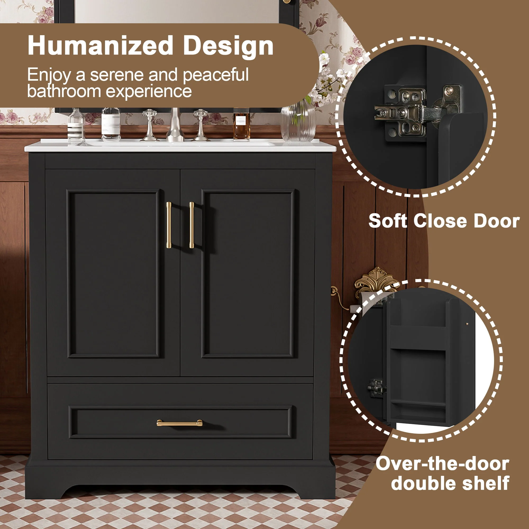 Bathroom Vanity With Sink, 1 Divided Drawer And 2 Soft Close Doors With Double Shelf - Image 39