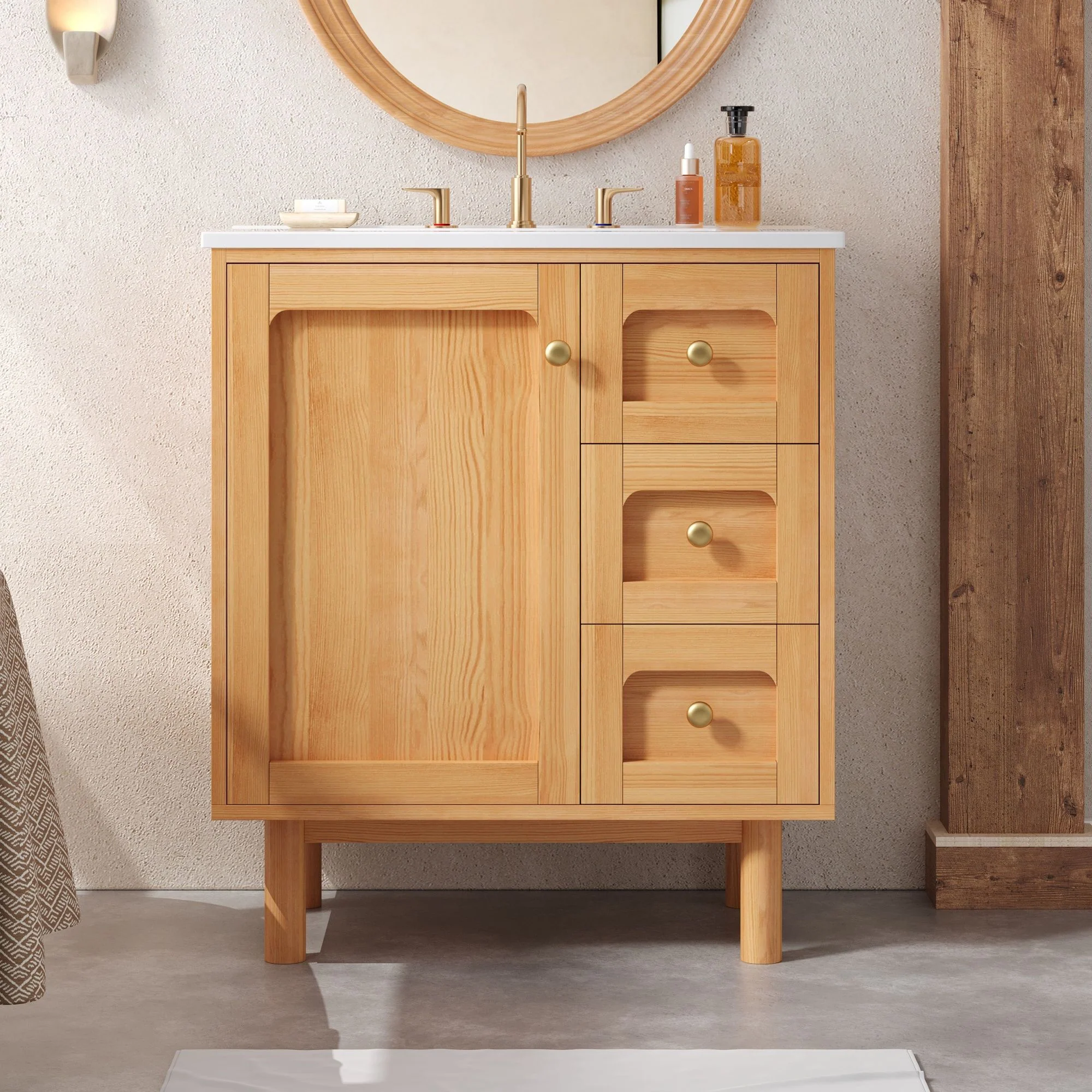 Bathroom Vanity With Sink, 3 Drawers, Soft Close Door - Natural Wood - Image 3