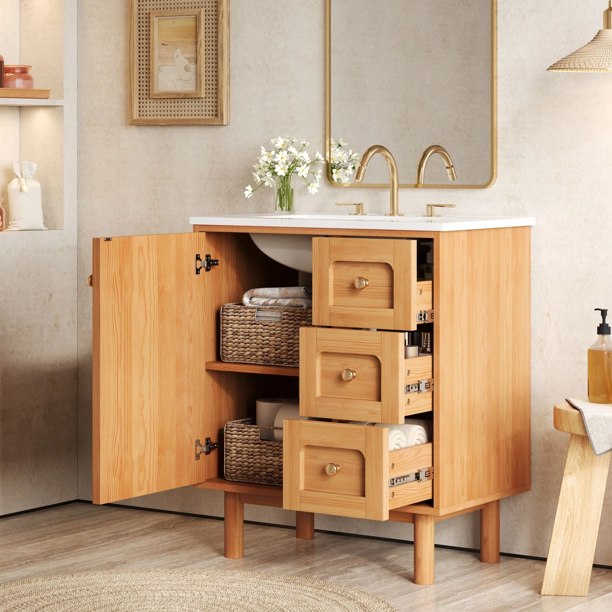Bathroom Vanity With Sink, 3 Drawers, Soft Close Door - Natural Wood - Image 5